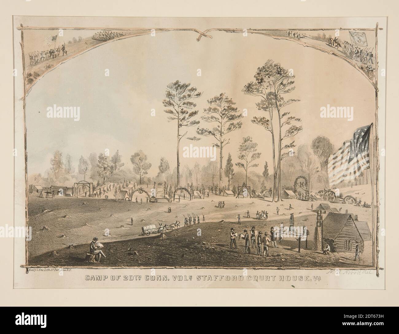 Artist: N.B. Abbott, American, After: Henry C. Eno, American, Camp of 20th Conn. Vol.s, Stafford Court House, Va., Lithograph in colors, sheet: 25.8 × 33 cm (10 3/16 × 13 in.), Made in United States, American, 19th century, Works on Paper - Prints Stock Photo