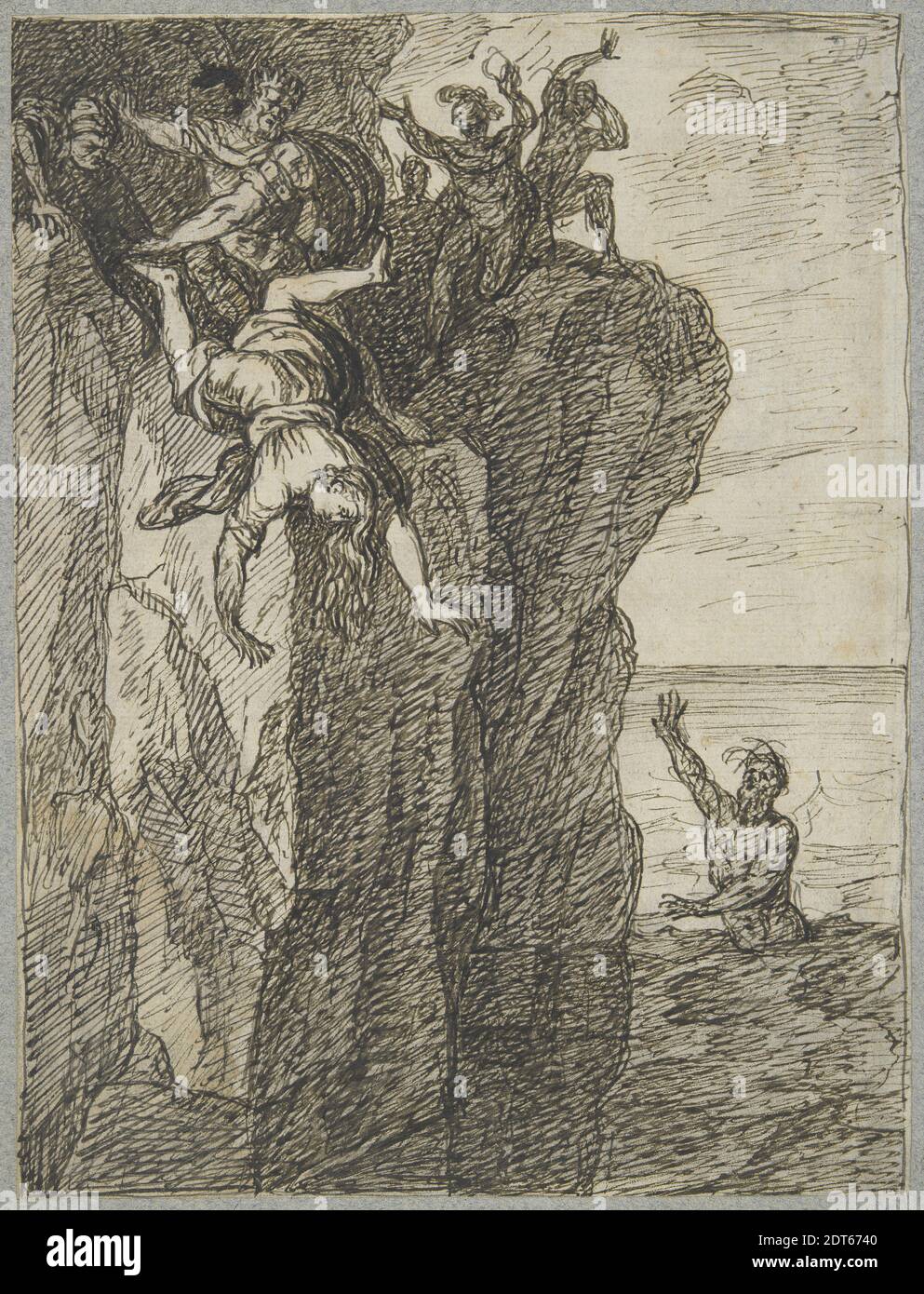 Artist, attributed to: Jean-Baptiste Regnault, French, 1754–1829, Perimele  Thrown off a Cliff by Her Father Hippodamas, mid-18th to mid-19th century,  Pen and brown ink on laid paper mounted on heavy blue wove