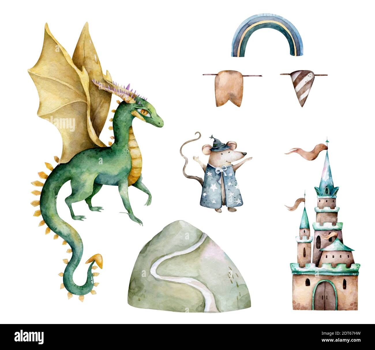 A cute dragon in front of a fairy tale castle on a hill. Hand drawn ...
