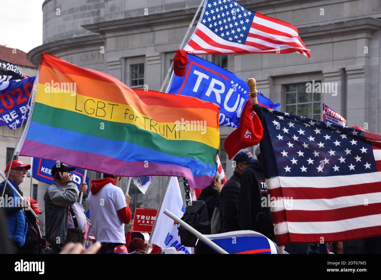 Washington DC. December 12, 2020. March for Trump to demand transparency and protect election integrity. ‘LGBT for Trump’ flag at Freedom plaza. Stock Photo