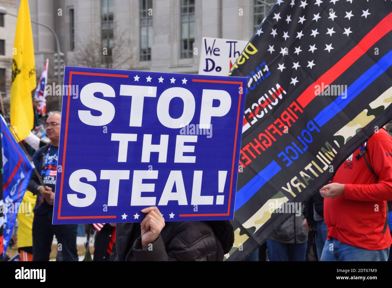 Washington DC. Dec 12, 2020. March for Trump to demand transparency and protect election integrity. Political sign ‘Stop the steal’ at Freedom plaza. Stock Photo