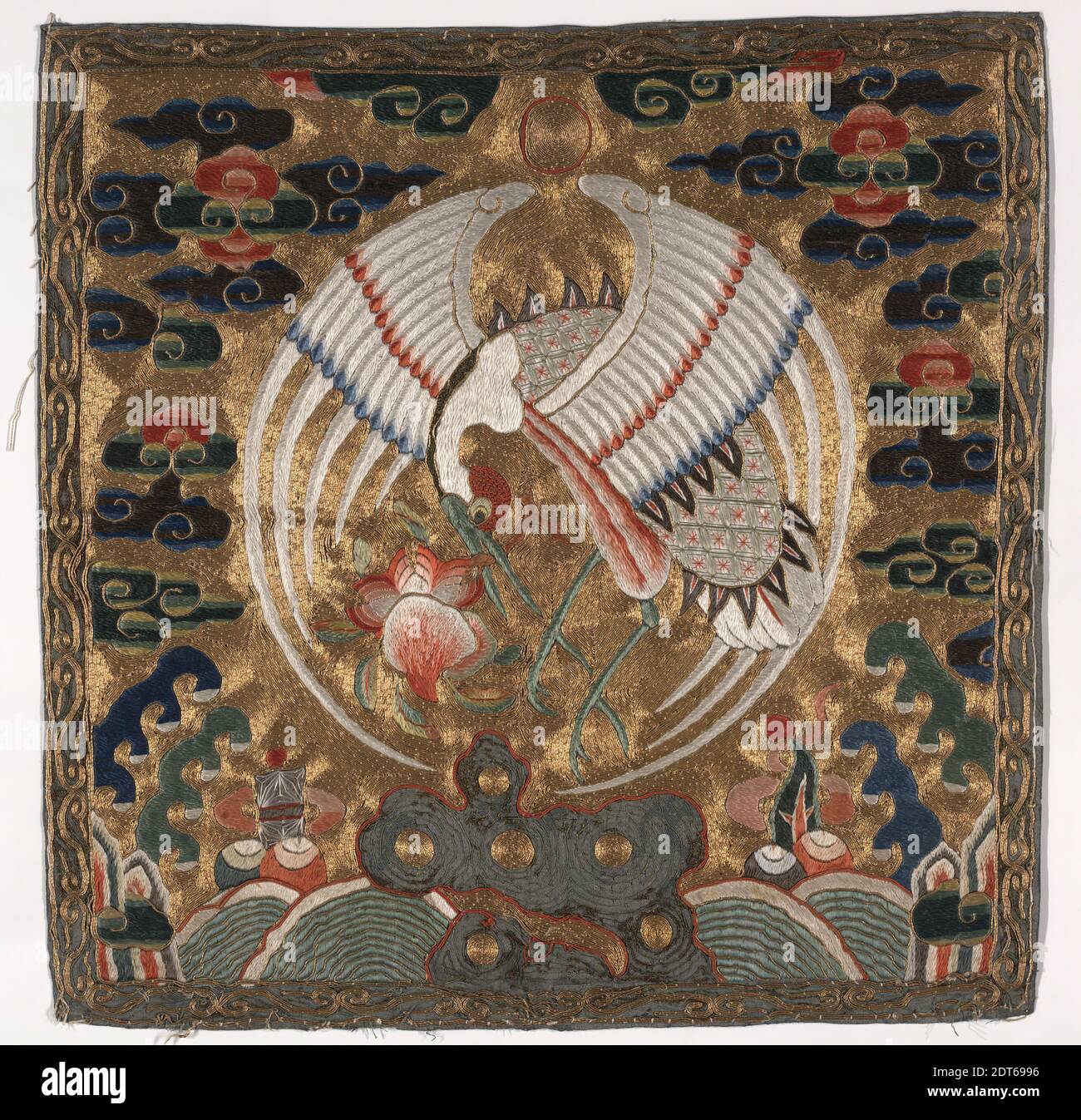 Rank Badge with Crane for First Degree Civil Official, mid-17th century, Silk, worked in satin stitch, couched gold-wrapped thread, and peacock feathers, 12 3/4 × 12 3/4 in. (32.4 × 32.4 cm), China, Chinese, Qing dynasty (1644–1911), Textiles Stock Photo