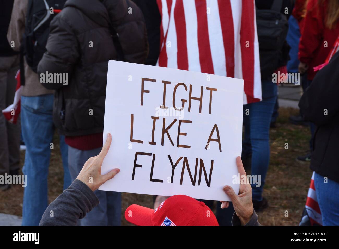 Washington DC. Dec 12, 2020. March for Trump to demand transparency and protect election integrity. Political sign ‘Fight like Flynn’ at Freedom plaza Stock Photo