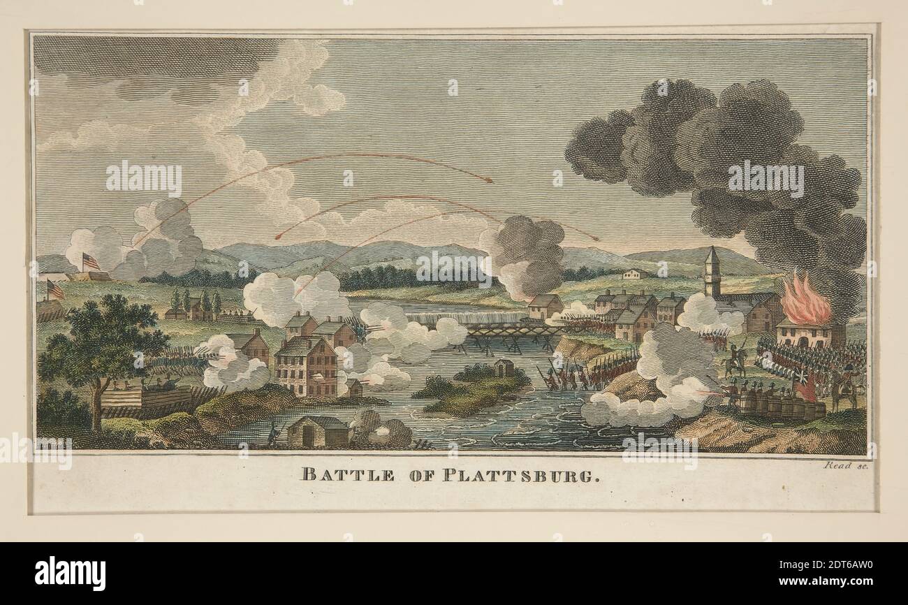 Engraver: Unknown, Battle of Plattsburg, Line engraving, colored, mounted as a series of seven, sheet: 13 × 21.5 cm (5 1/8 × 8 7/16 in.), Made in United States, American, 19th century, Works on Paper - Prints Stock Photo