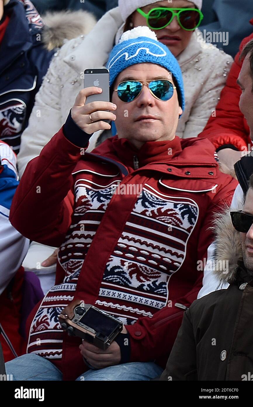 Russian Prime Minister Dimtry Medvedev attend the men's downhill at Rosa Khutor Alpine Center during the Sochi 2014 XXII Olympic Winter games in Sochi, Russia, on February 9, 2014. The Sochi 2014 Olympic Games run from 07 to 23 February 2014. Photo by Gouhier-Zabulon/ABACAPRESS.COM Stock Photo