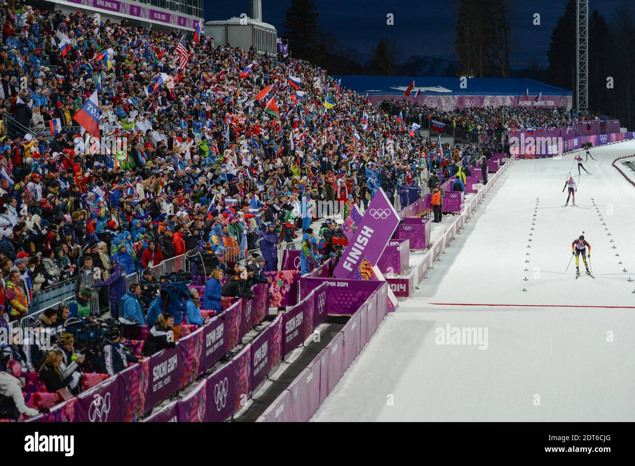 Atmosphere at the Women's 7,5 km Sprint at Laura Cross country and biathlon  center during the Sochi 2014 XXII Olympic Winter games in Sochi, Russia, on  February 9, 2014. The Sochi 2014, image size:1300x955