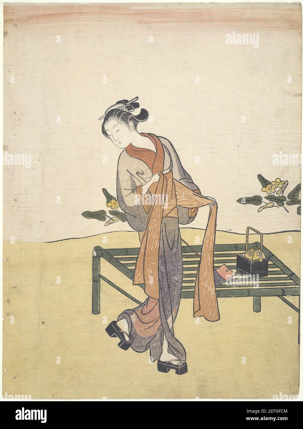 Artist: Suzuki Harunobu, Japanese, 1725–1770, Beauty Cooling Off, ca. 1767, Ukiyo-e; polychrome woodlock print, sheet: 10 7/8 × 8 1/4 in. (27.6 × 21 cm), Japan, Japanese, Edo period (1615–1868), Works on Paper - Prints Stock Photo