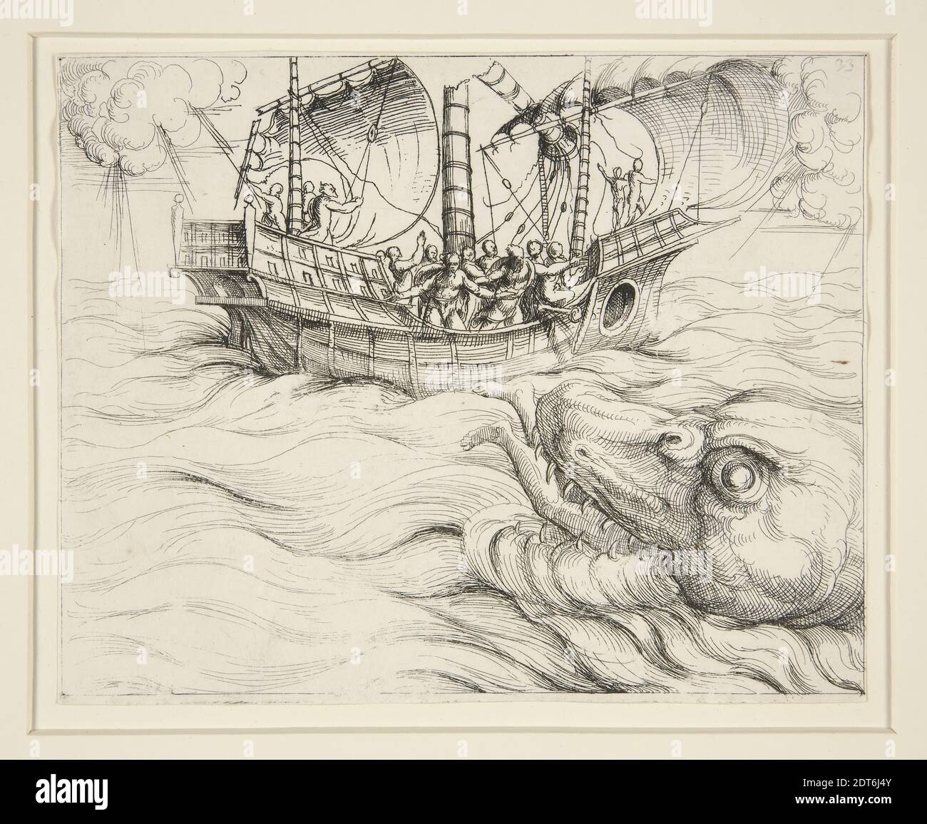 Artist: Augustin Hirschvogel, German, 1503–1553, Jonah swallowed by the Whale, Etching, sheet: 11.4 × 14.5 cm (4 1/2 × 5 11/16 in.), 16th century, Works on Paper - Prints Stock Photo