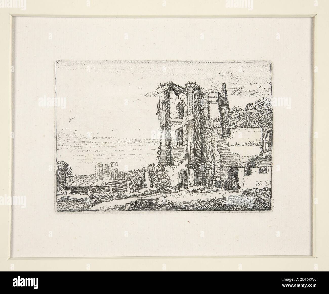 Artist: Willem Pietersz. Buytewech, Dutch, 1590/91–1624, Ruined tower right of centre, Plate 2 from The Set of the Landscapes, Etching, platemark: 8.9 × 12.3 cm (3 1/2 × 4 13/16 in.), Made in The Netherlands, Dutch, 17th century, Works on Paper - Prints Stock Photo