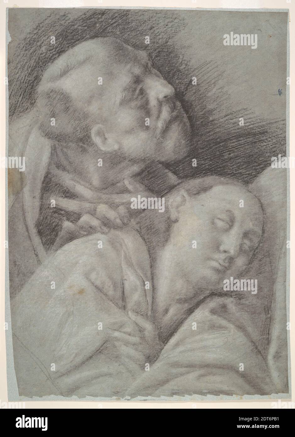 Artist: Bernardino Lanino, Italian, c.1509-c.1581, Artist, formerly attributed to and after: Gaudenzio Ferrari, Italian, 1470–1576, Two Apostles, study for The Last Supper, Black and white chalk on blue paper, 53.5 × 38.4 cm (21 1/16 × 15 1/8 in.), Bernardino Lanino worked in Milan and, like most artists of his time, fell under the spell of Leonardo da Vinci’s famous Last Supper. This drawing relates to Lanino’s own version of the subject in the church of San Nazzaro Maggiore. Like Leonardo, Lanino focused on a range of facial types and expressions, as is evident in this drawing of Saint Peter Stock Photo