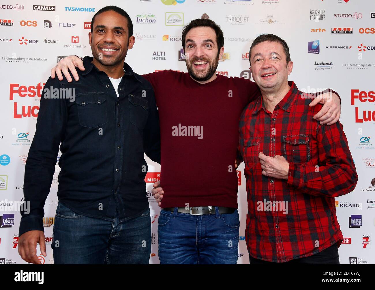 David Mora, Frederic Bouraly and Loup Denis Elion of Scenes de menage team attending the 16th Luchon International Television Film Festival in Luchon, French Pyrenees, France on February 14, 2014. Photo by Patrick Bernard/ABACAPRESS.COM Stock Photo