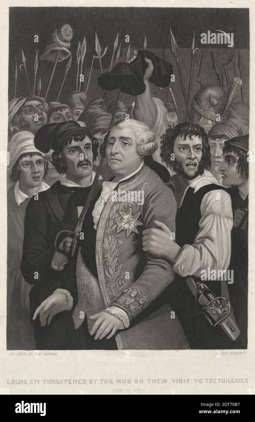 Artist: John Sartain, American, born Britain, 1808–1897, Louis XVI Threatened by the Mob on Their Visit to the Tuileries, Engraving, Sheet: 22.5 × 17.8 cm (8 7/8 × 7 in. );  strike  7 1/4 × 5, Made in United States, American, 19th century, Works on Paper - Prints Stock Photo