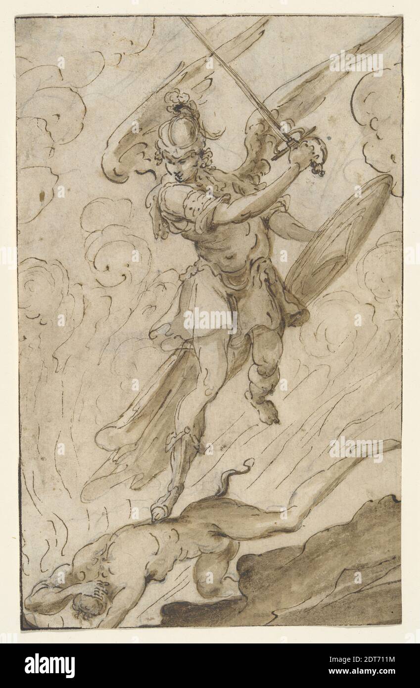 Artist, formerly attributed to: Giuseppe Cesari (Cavaliere d’Arpino), Italian, 1568–1640, Artist, formerly attributed to: Lodovico Carracci, Italian, 1555–1619, Saint Michael Vanquishing the Devil, Pen and wash over preliminary drawing in lead point, Overall: 14.7 × 9.1 cm (5 13/16 × 3 9/16in.), Made in Italy, Italian, 16th century, Works on Paper - Drawings and Watercolors Stock Photo