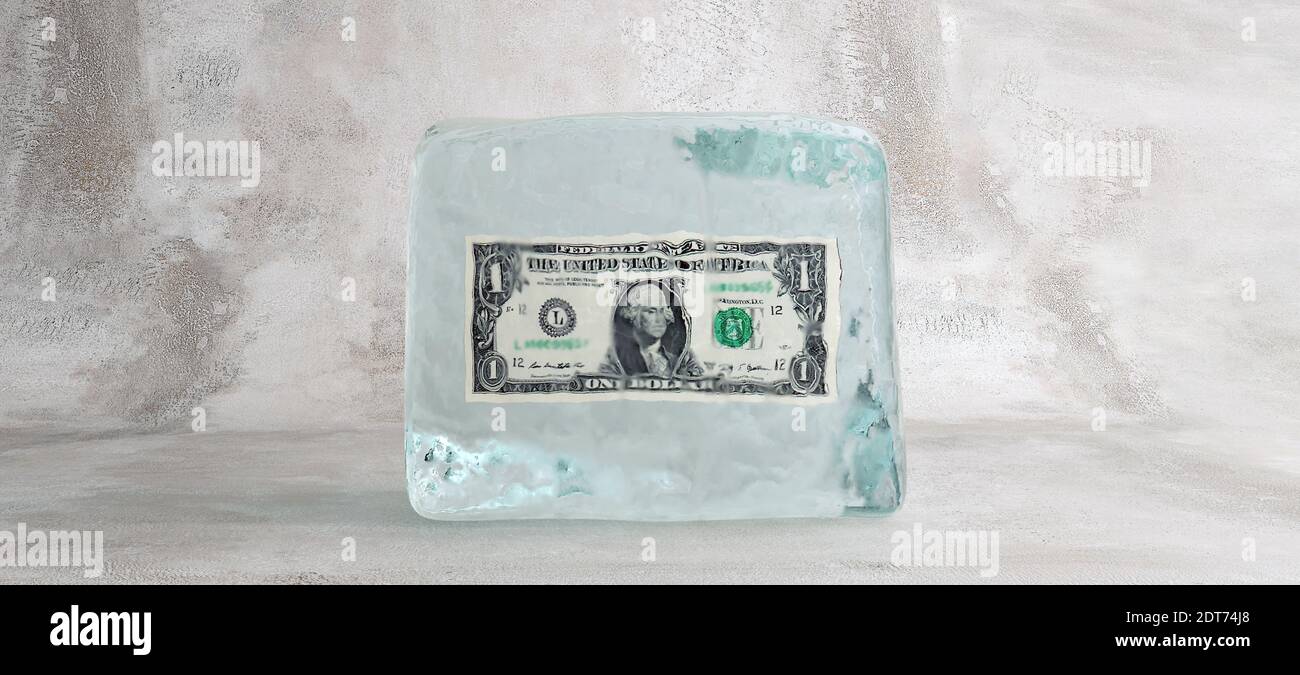 One dollar bill frozen in ice cube, frozen money and bad investment concept, 3D Render, 3D Illustration Stock Photo