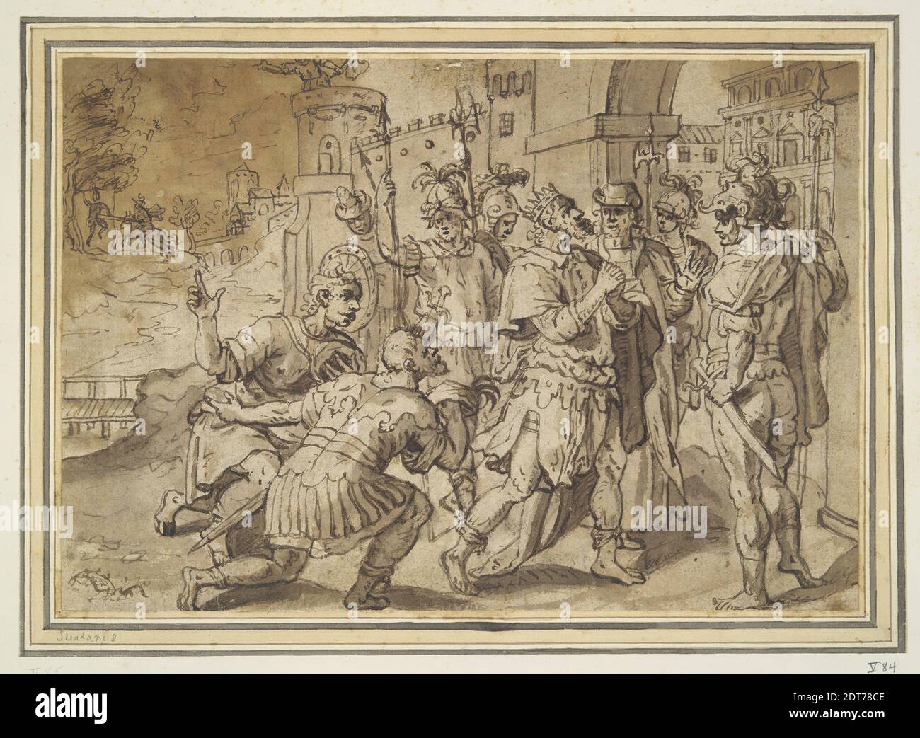 After: Stradanus (Jan van der Straet), Flemish, 1523–1605, Absolom’s death reported to David (II Samuel 18.9-33), Pen and brown ink and brown wash, Sheet: 17.8 × 25.8 cm (7 × 10 3/16 in.), Made in Flanders, Flemish, 16th century, Works on Paper - Drawings and Watercolors Stock Photo