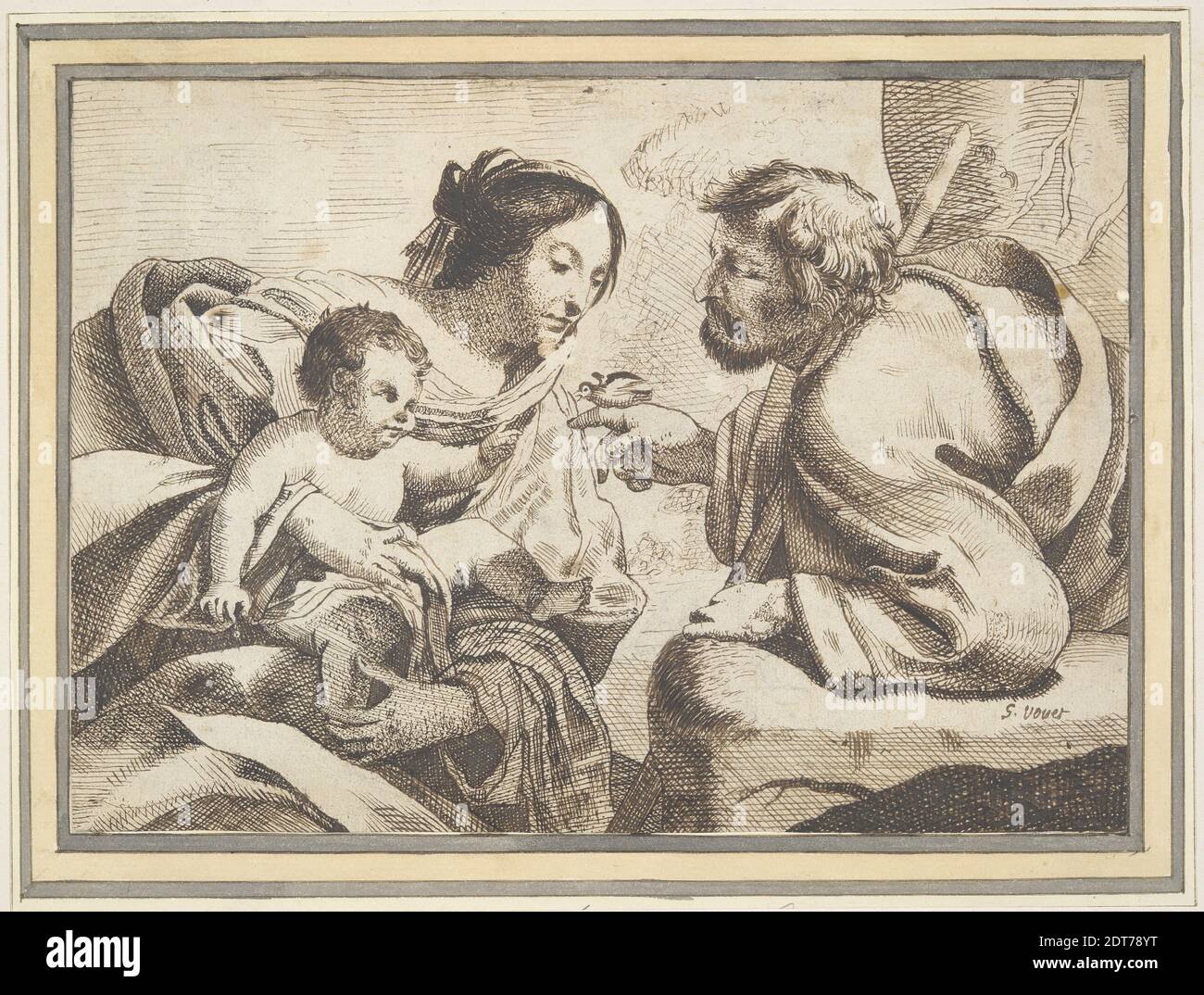 After: Simon Vouet, French, 1590–1649, Holy Family with a Bird, Pen and brown ink, Image: 15.1 × 21.1 cm (5 15/16 × 8 5/16in.), Made in France, French, 17th century, Works on Paper - Drawings and Watercolors Stock Photo