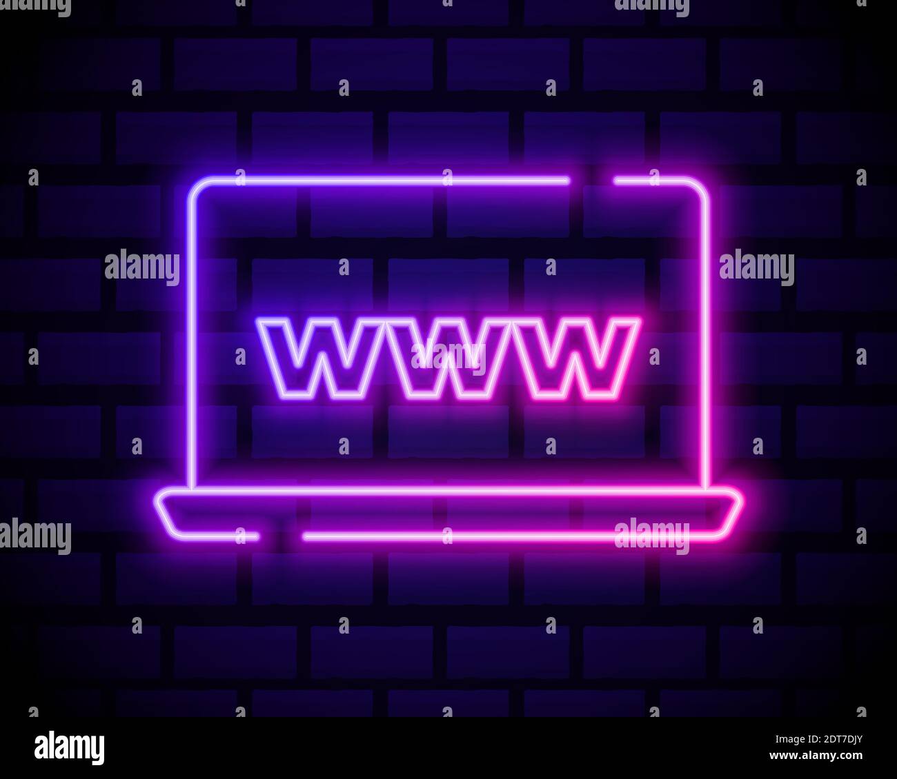 Laptop or notebook computer icon. Colour neon style on dark brick wall ...