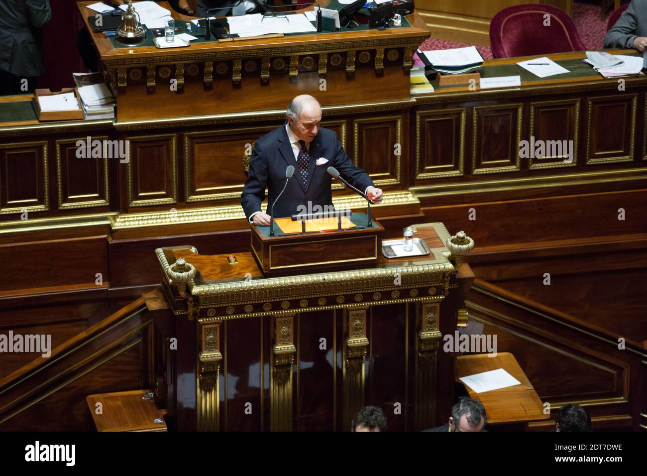 Foreign Affairs Minister Laurent Fabius pictured speaking at the Senate on february 25, 2013, in Paris, France. The Senate has approved the extension of the 'Sangaris' Intervention in Central African Republic (RDC, Centrafrique). Photo by Romain Boe/ABACAPRESS.COM Stock Photo
