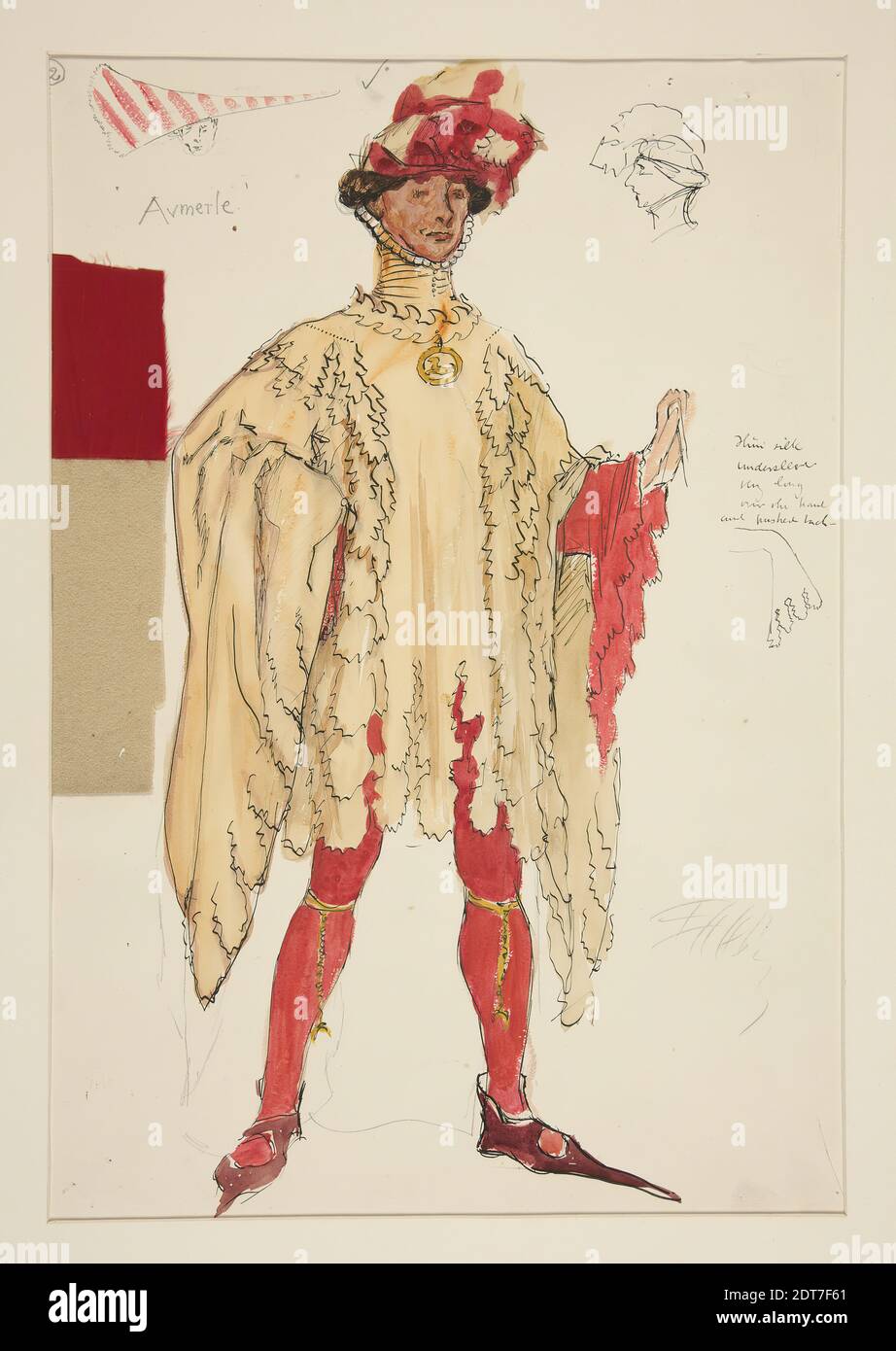 Artist: Edwin Austin Abbey, American, 1852–1911, M.A., 1897, Aumerle, costume sketch for Henry Irving’s Planned Productino of King Richard II, Watercolor, pen and ink, with fabric, White wove, 36.1 × 25.4 cm (14 3/16 × 10 in.), Made in United States, American, 19th century, Works on Paper - Drawings and Watercolors Stock Photo