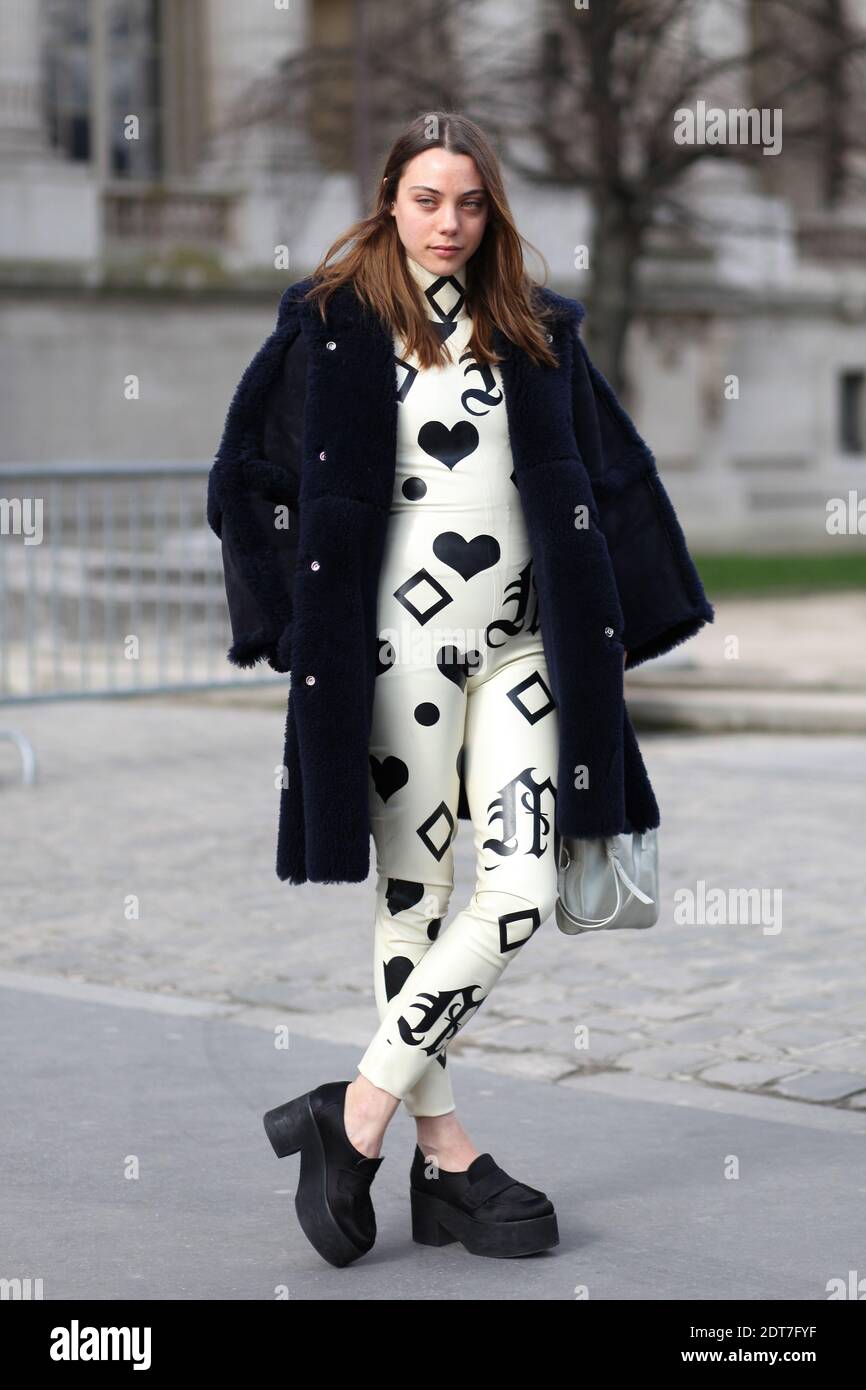Georgia Pendlebury, arriving for Guy Laroche, Fall-Winter 2014-2015 Ready-to-Wear show held at Le Grand Palais, Paris, France on February 26th, 2014. She is wearing Meat jumpsuit, Acne coat and shoes. Photo by Marie-Paola Bertrand-Hillion/ABACAPRESS.COM Stock Photo