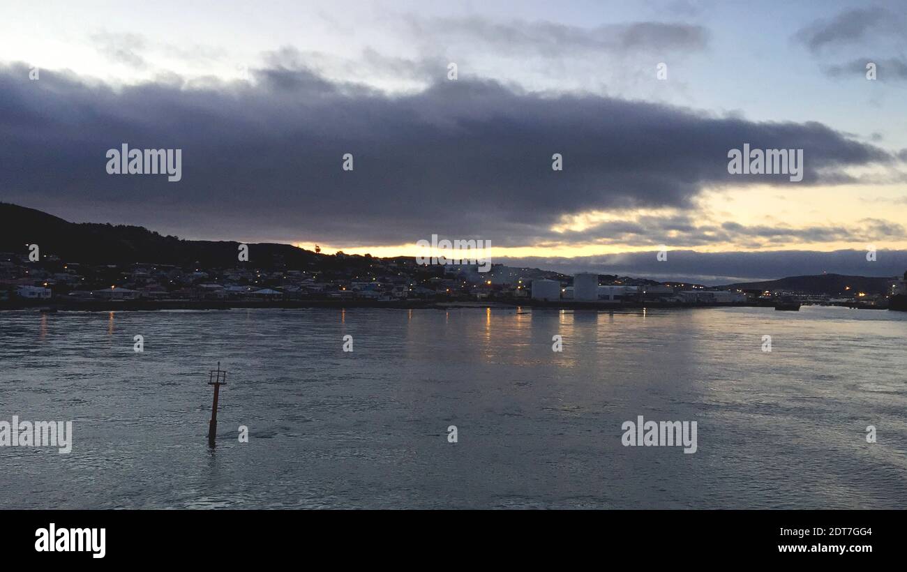 view from a ship to the coastal city Invercargill, New Zealand, Southern Island, Invercargill Stock Photo