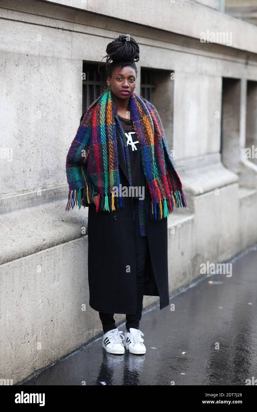 Aisha arriving for Ann Demeulemeester Autumn/Winter 2014-2015 Ready-to-Wear show held at Couvent des Cordeliers, Paris, France on February 27th, 2014. She is wearing C&A coat, vintage scarf, H&M pants, Adidas shoes. Photo by Marie-Paola Bertrand-Hillion/ABCAPRESS.COM Stock Photo
