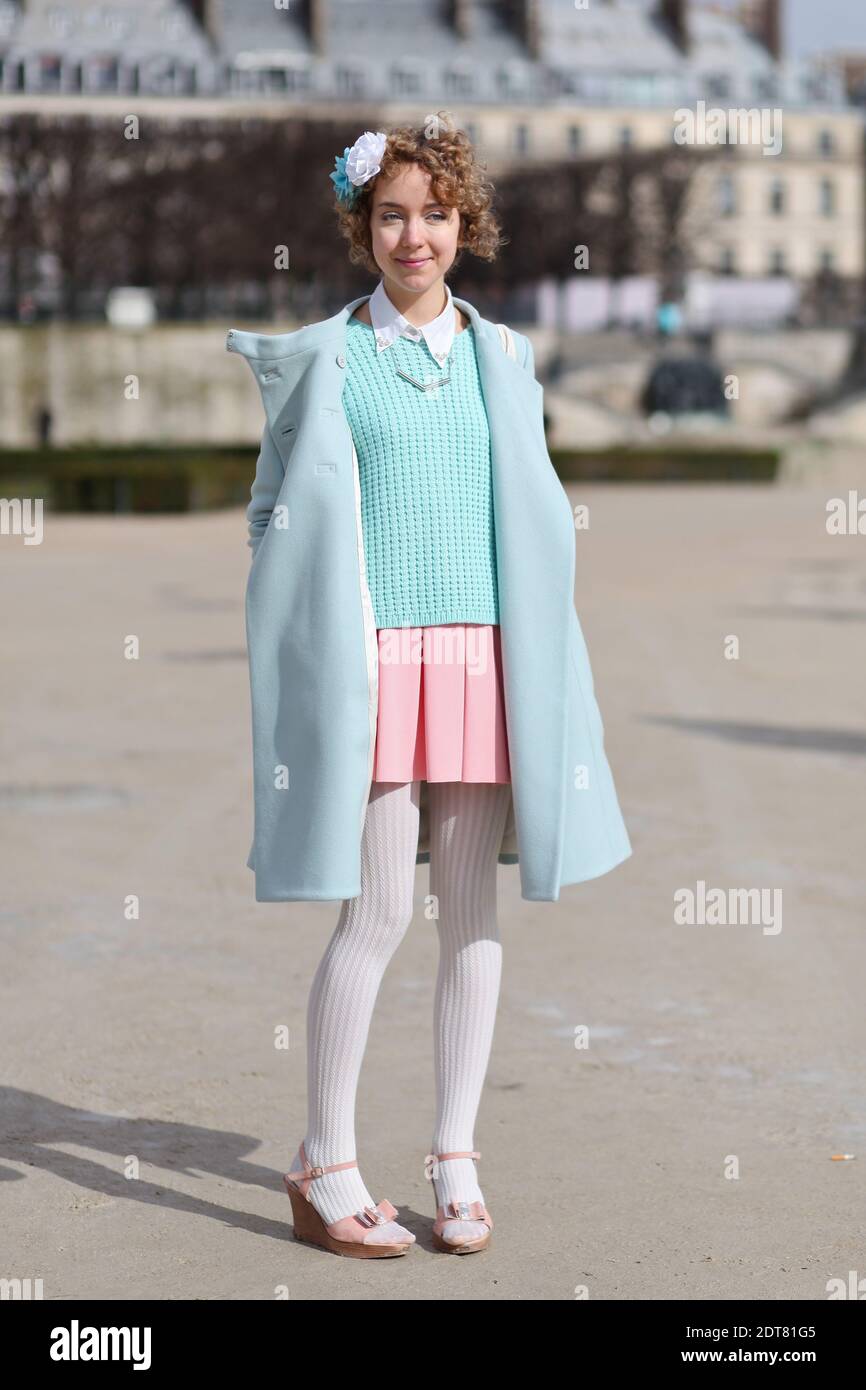 Sofia, fashion blogger (www.nuagedemoutons.blogspot.com) arriving for Issey  Miyake Autumn/Winter 2014-2015 Ready-to-Wear show held at Jardin des  Tuileries, Paris, France on February 28th, 2014. She is wearing Tara Jarmon  coat, New Look jumper,
