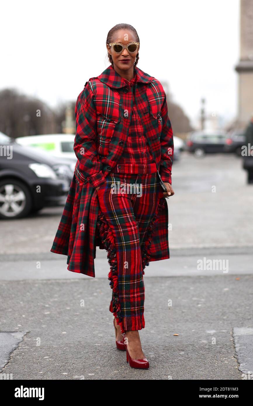 Michelle Elie arriving for Issey Miyake Autumn/Winter 2014-2015  Ready-to-Wear show held at Jardin des Tuileries, Paris, France on February  28th, 2014. She is wearing Comme des Garcons total look and Louboutin shoes.