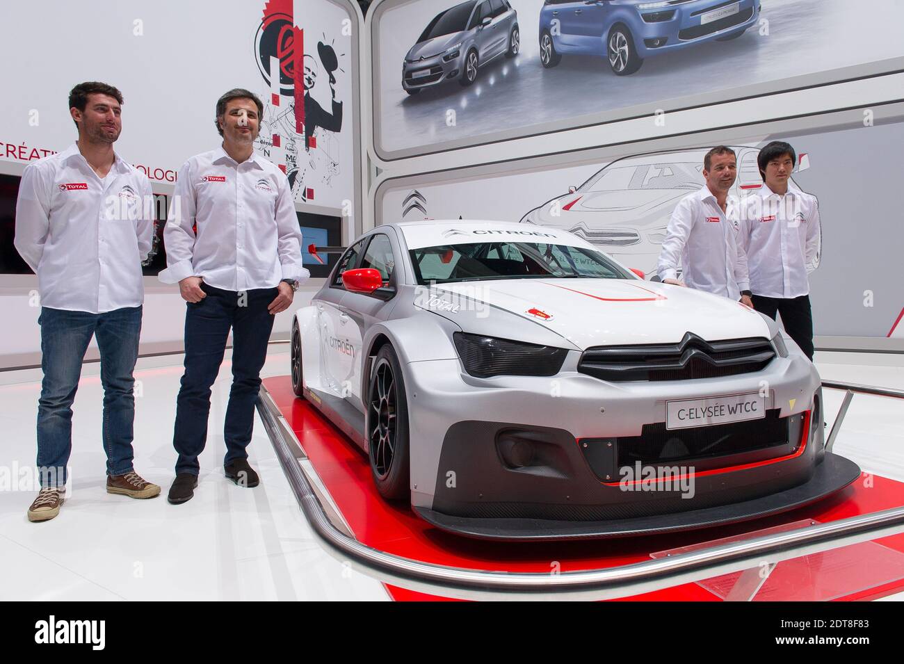 WTCC drivers (L-R) Jose Maria Lopes, Yvan Muller, Sebastien Loeb and Ma  Qinq Hua pictured during the 83rd International Geneva Motor Show, in  Geneva, Switzerland on March 4, 2014. Photo by Gilles