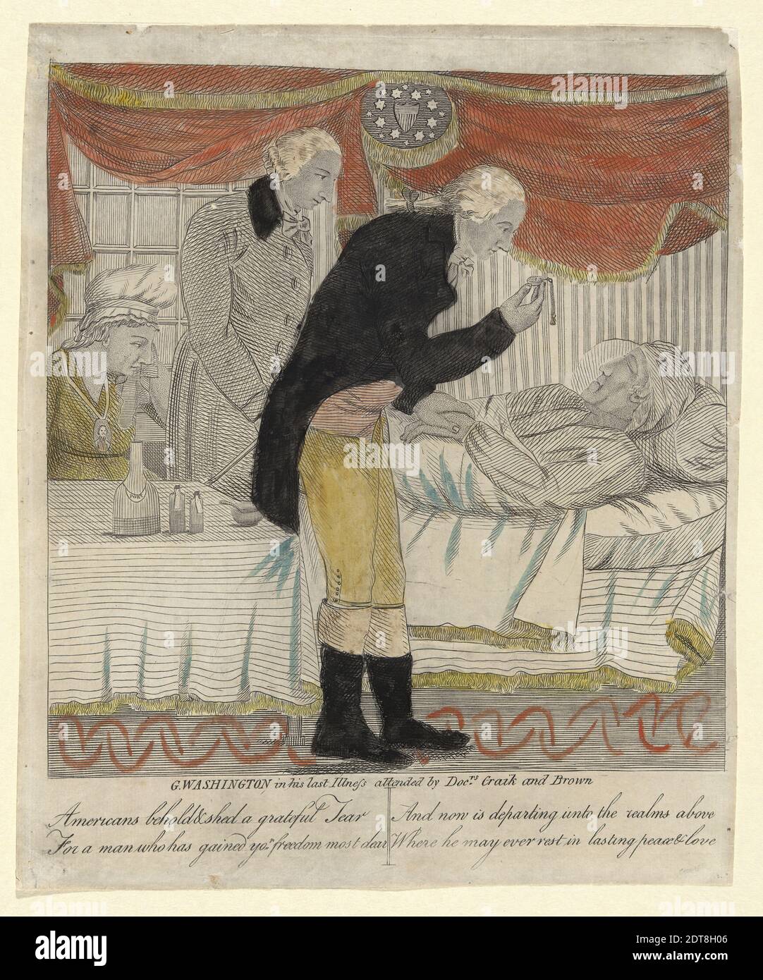 Artist: Amos Doolittle, American, 1754–1832, G. Washington in his last Illness attended by Doctors Craik and Brown, Hand colored etching, sheet: 30.5 × 25.4 cm (12 × 10 in.), Made in United States, American, 19th century, Works on Paper - Prints Stock Photo
