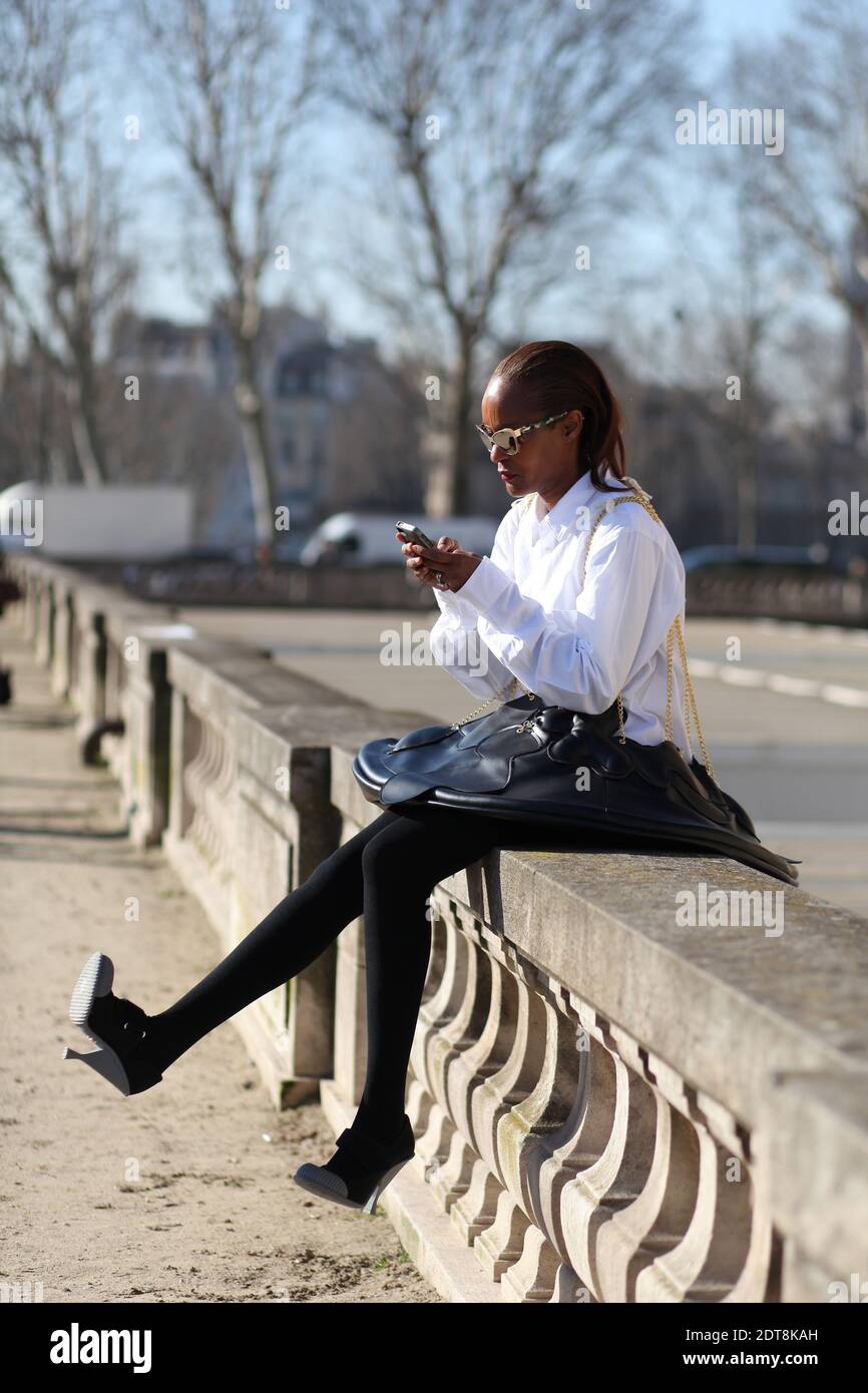 Michelle Elie arriving for the Louis Vuitton Fall/Winter 2014-2015  Ready-to-Wear show held at Cour Carree du Louvre, Paris, France on March  5th, 2014. She is wearing Comme des Garcons skirt. Photo by