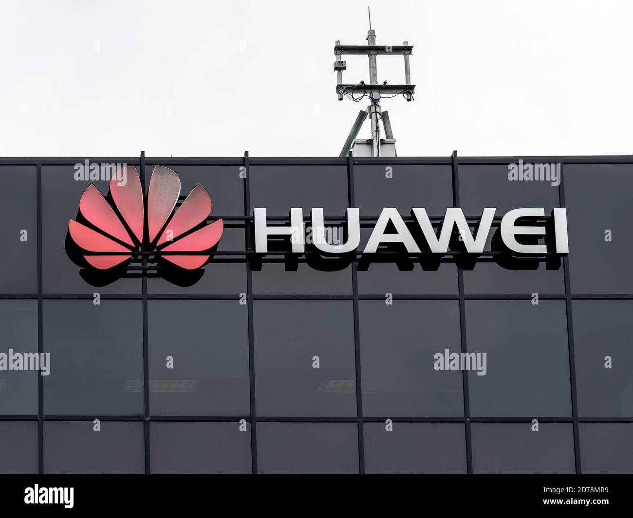 Huawei sign on the building in Kanata, Ontario, Canada. Stock Photo