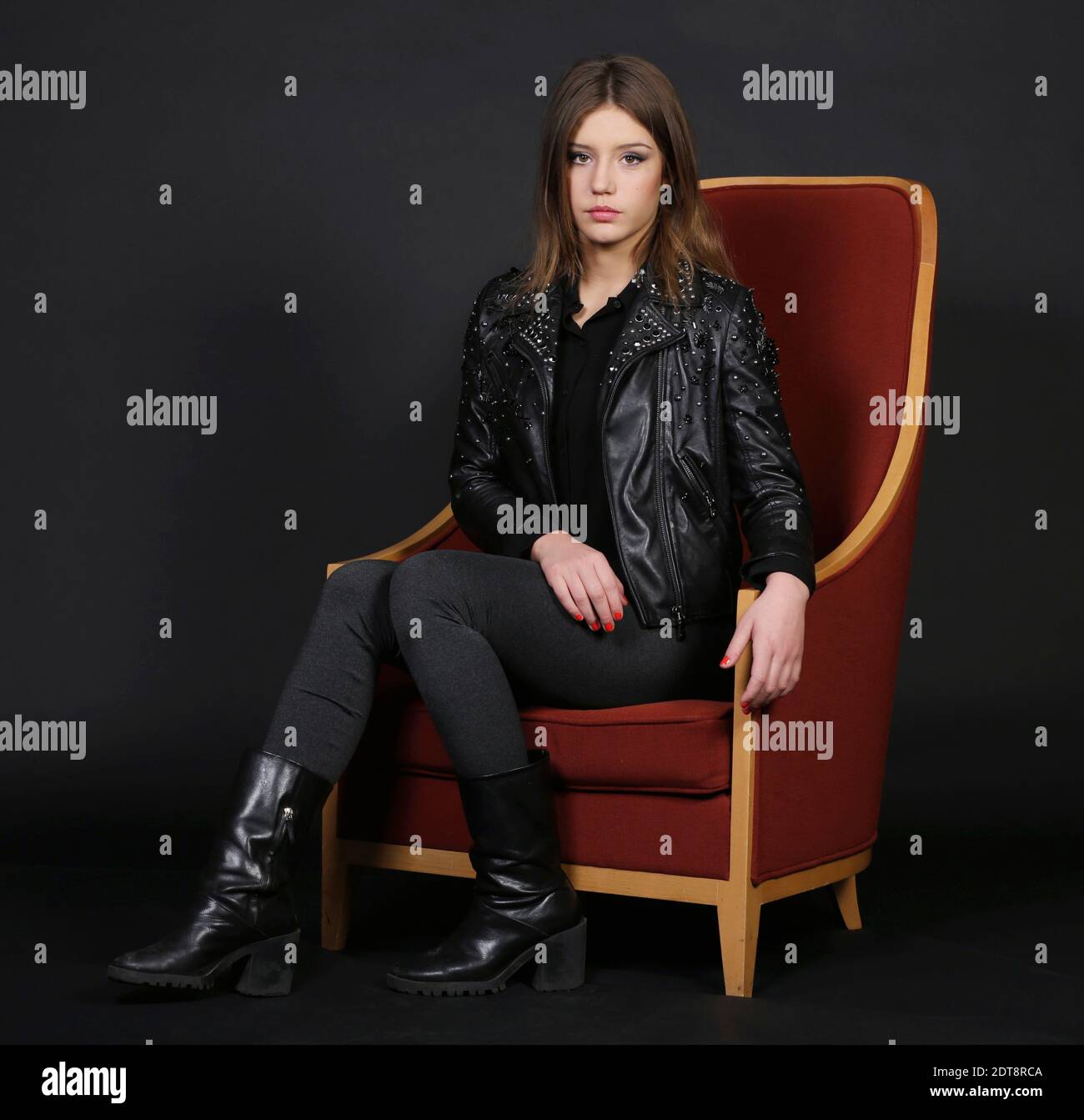 EXCLUSIVE. Adele Exarchopoulos poses for the Cinema award Romy Schneider  prize in Paris, France on March 10, 2014. Adele Exarchopoulos, Lea Seydoux  and Marine Vacth are competiting for the prize given on