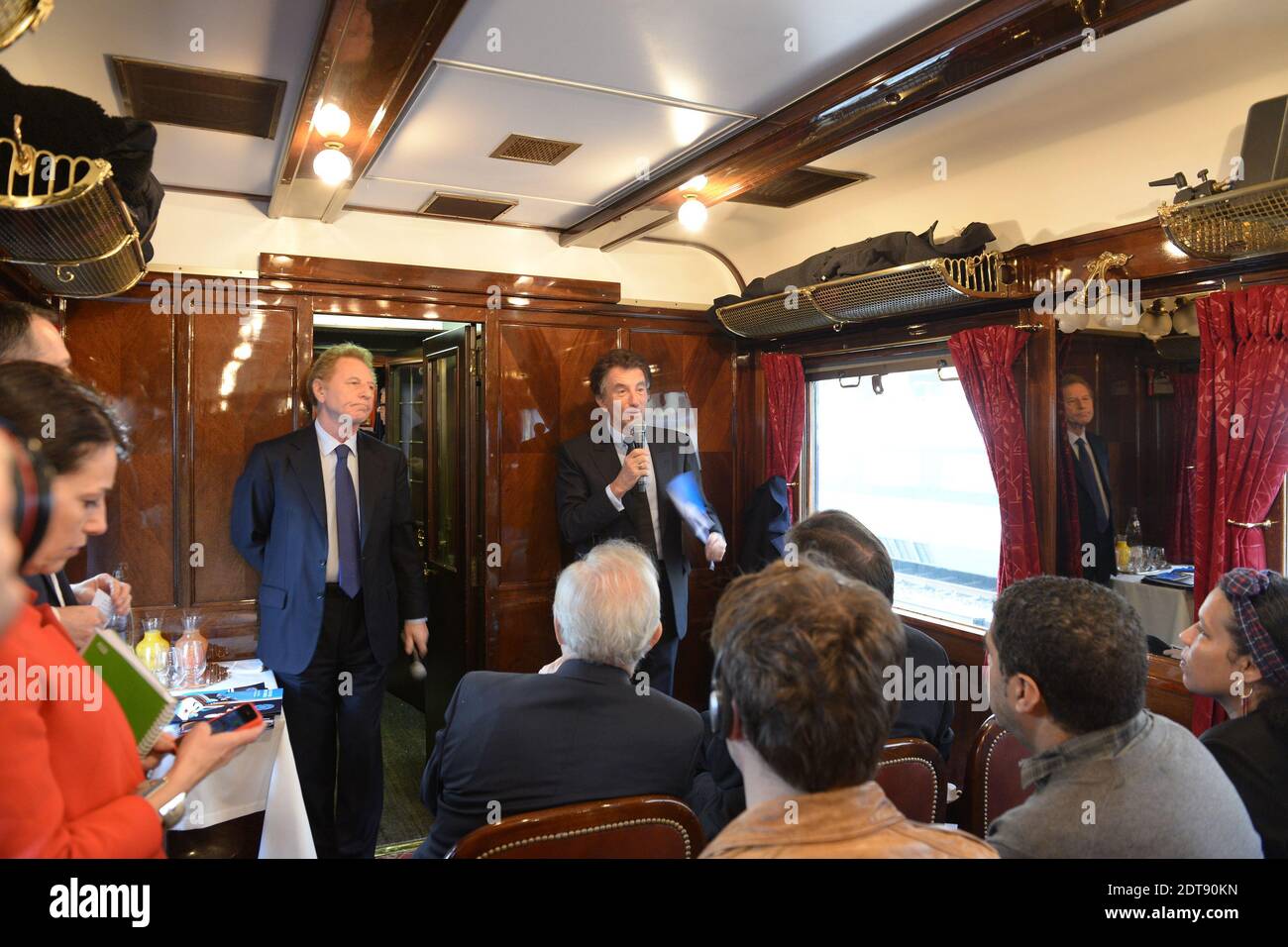 Robert Namias (L) and Jack Lang seen on board the 'Orient Express' train, for the presentation of the exhibition 'Once Upon A Time The Orient Express' ('Il Etait Une Fois l'Orient Express') in Paris, France on March 13, 2014. The exhibit will be held at the Institut du Monde Arabe from April 3rd to the end of August. Photo by Ammar Abd Rabbo/ABACAPRESS.COM Stock Photo