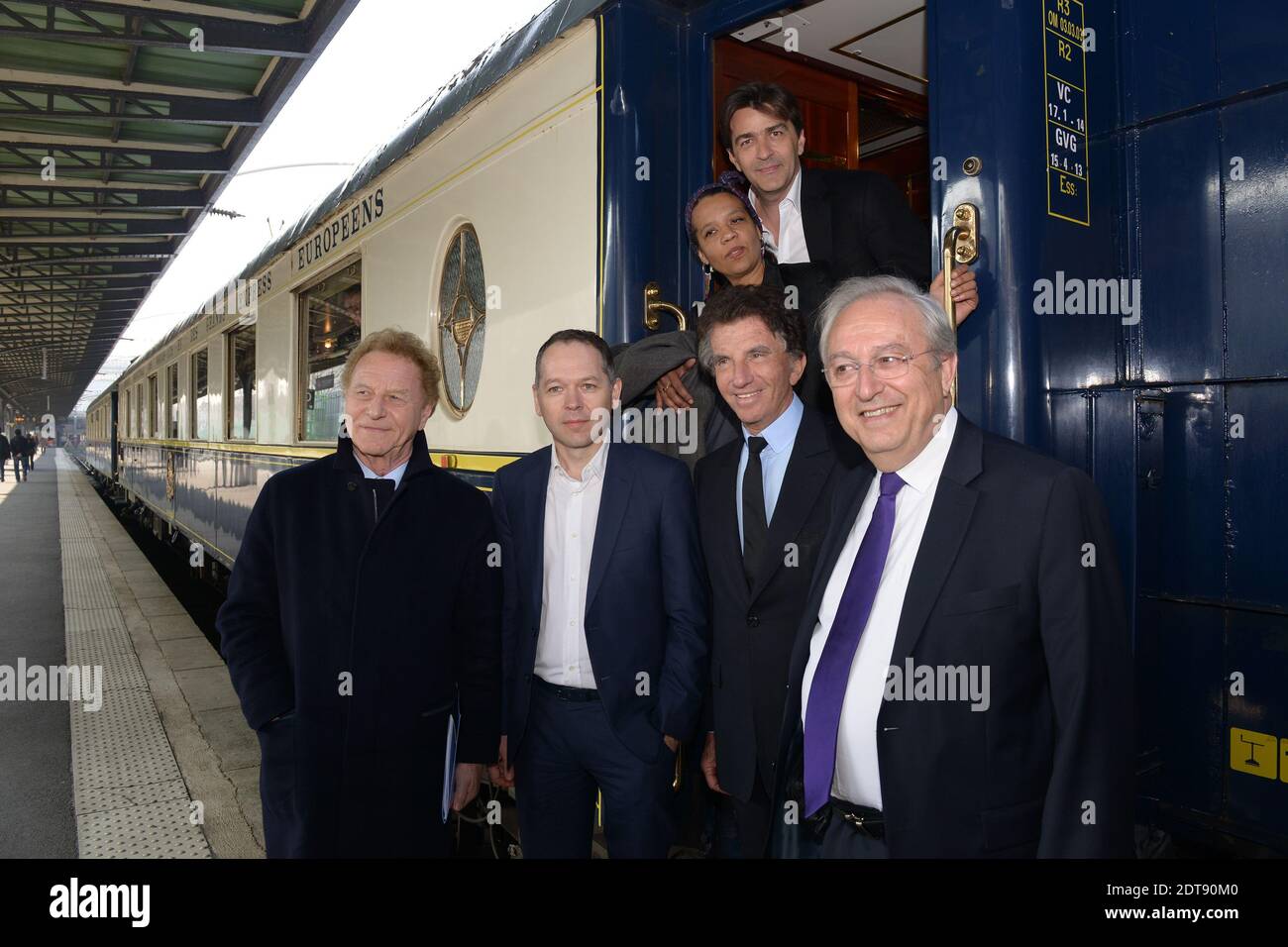 (L-R) Robert Namias, Patrick Ropert (SNCF), Jack Lang, Clemence Farrell, Yannick Alleno, Claude Mollard pose next to the 'Orient Express' train, as they present the exhibition 'Once Upon A Time The Orient Express' ('Il Etait Une Fois l'Orient Express') in Paris, France on March 13, 2014. The exhibit will be held at the Institut du Monde Arabe from April 3rd to the end of August. Photo by Ammar Abd Rabbo/ABACAPRESS.COM Stock Photo