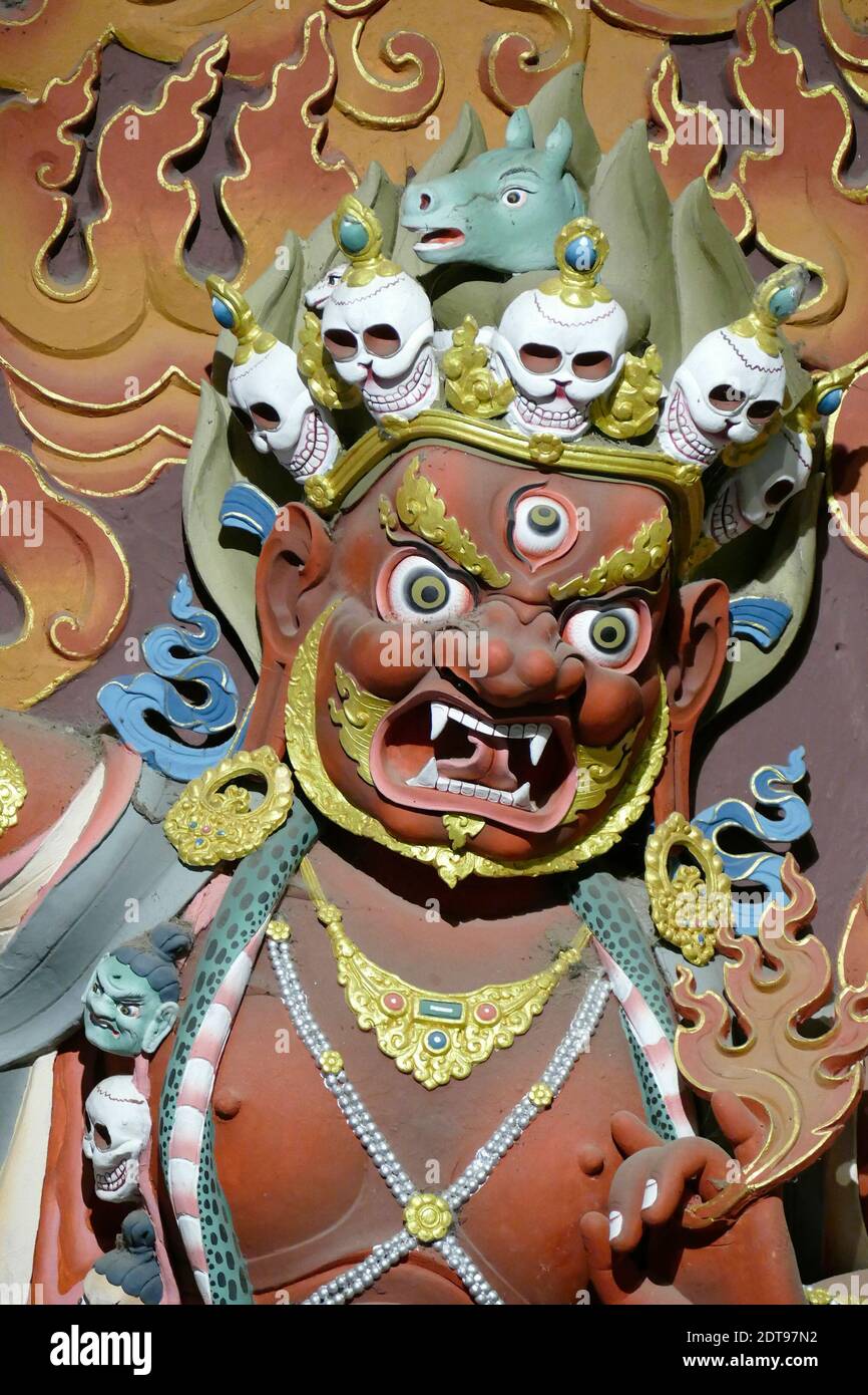THIMPHU, BHUTAN - DEC 10 2019 - Wrathful Tsholing   terrifying deities  seen as protectors of the religion, and who purify the ground of evil influenc Stock Photo
