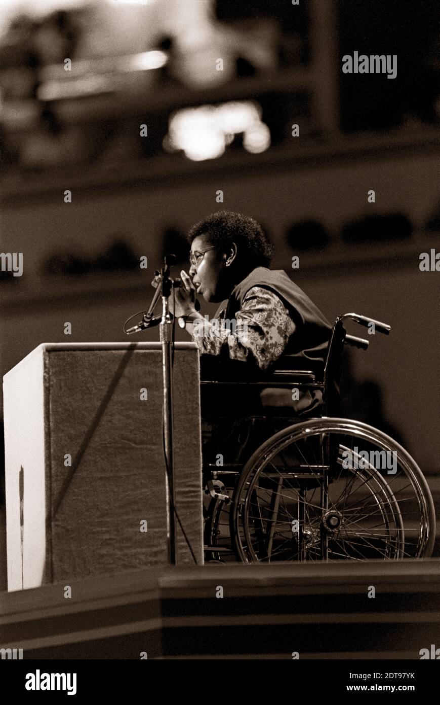 Barbara Jordan speaking at the 1988 Democratic National Convention in Atlanta. Barbara Charline Jordan was an American lawyer, educator and politician who was a leader of the Civil Rights Movement. A Democrat, she was the first African American elected to the Texas Senate after Reconstruction and the first Southern African-American woman elected to the United States House of Representatives. She was best known for her eloquent opening statement at the House Judiciary Committee hearings during the impeachment process against Richard Nixon. Stock Photo