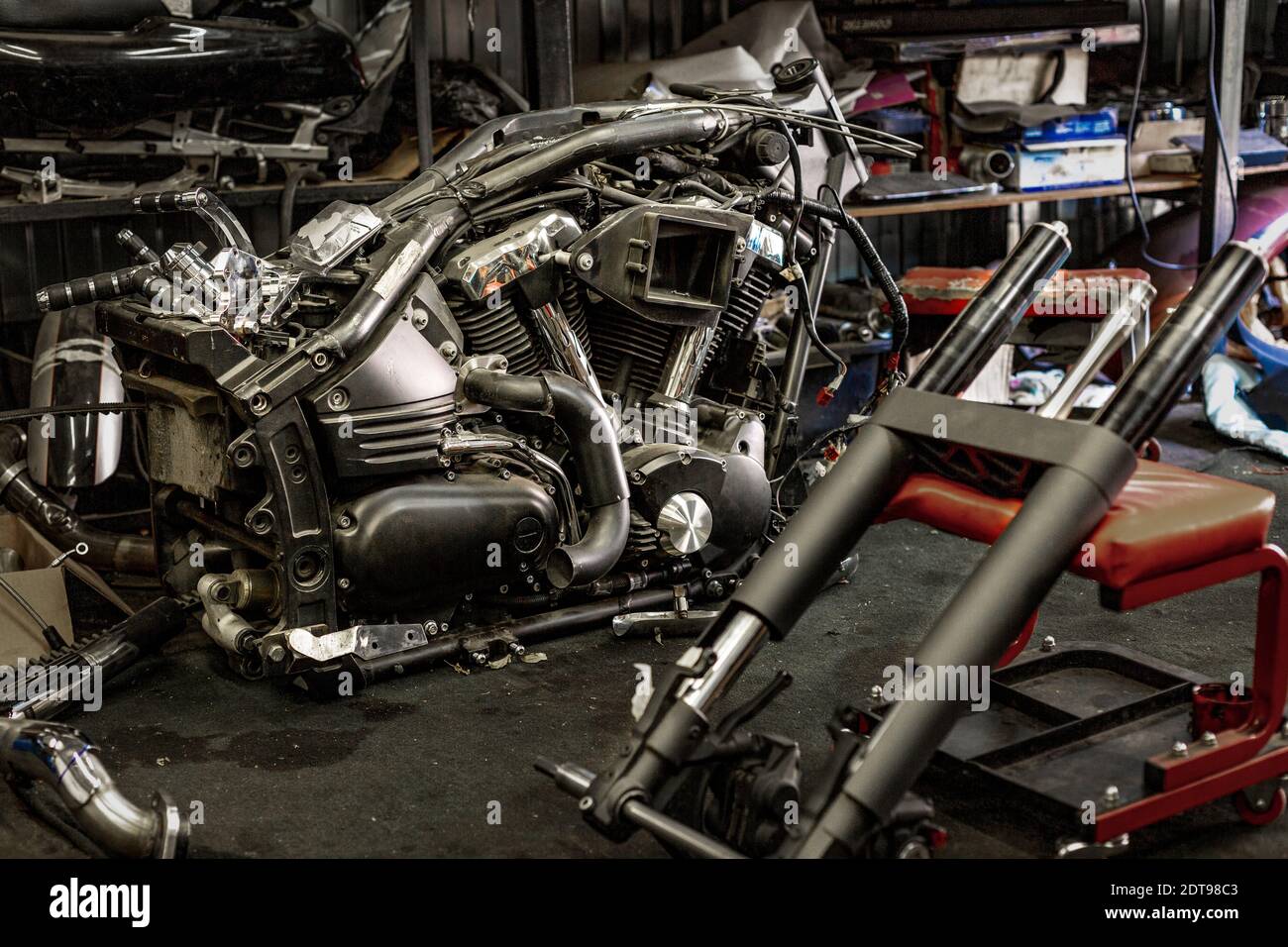 Broken Motorcycle In Garage Stock Photo Alamy