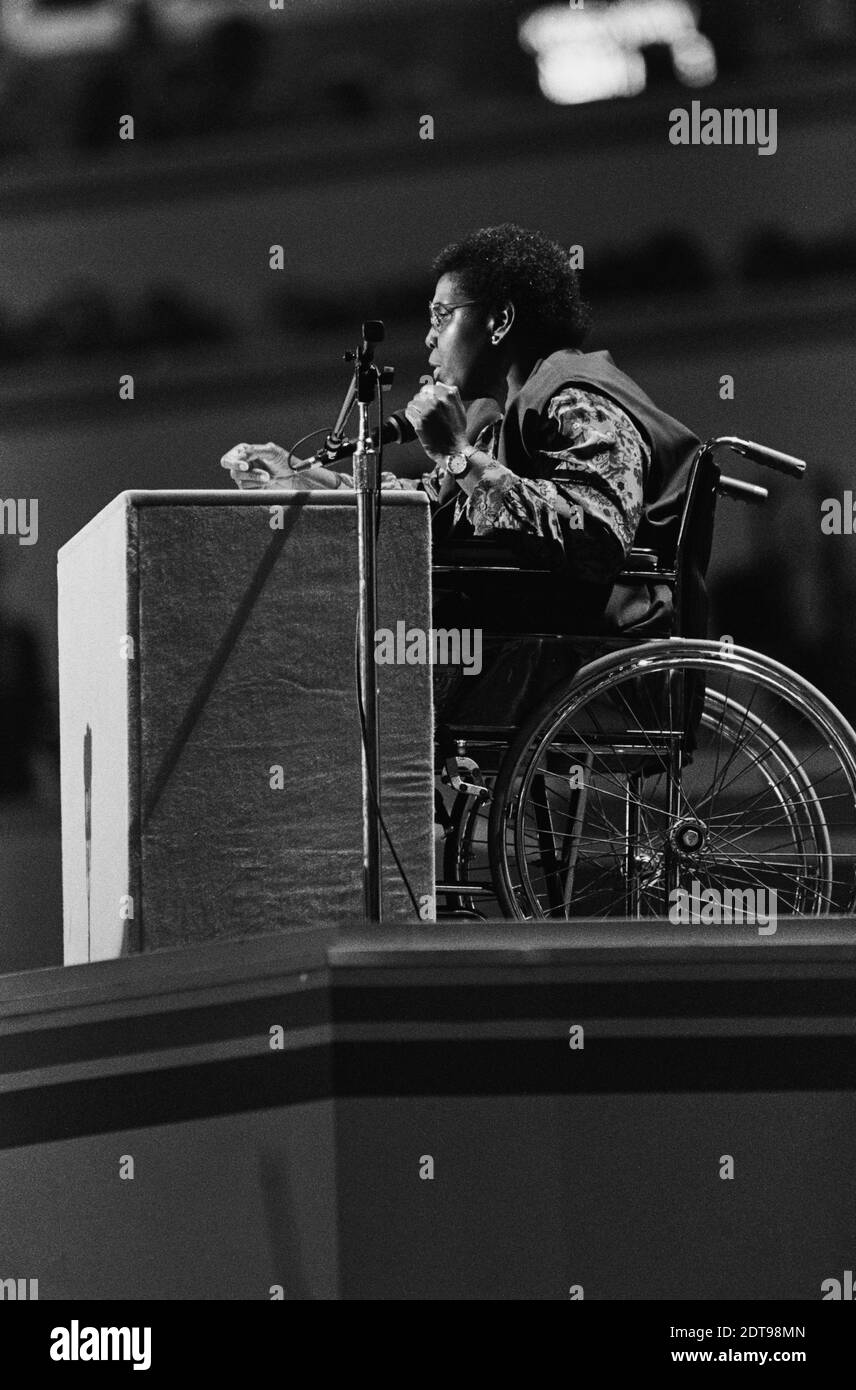 Barbara Jordan speaking at the 1988 Democratic National Convention in Atlanta. Barbara Charline Jordan was an American lawyer, educator and politician who was a leader of the Civil Rights Movement. A Democrat, she was the first African American elected to the Texas Senate after Reconstruction and the first Southern African-American woman elected to the United States House of Representatives. She was best known for her eloquent opening statement at the House Judiciary Committee hearings during the impeachment process against Richard Nixon. Stock Photo