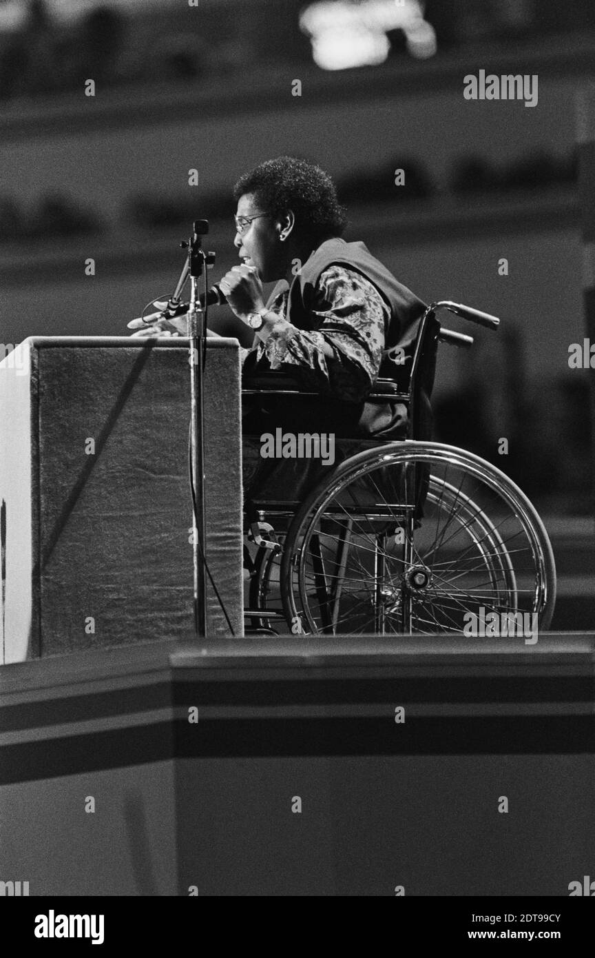 Barbara Jordan speaking at the 1988 Democratic National Convention in Atlanta. Barbara Charline Jordan was an American lawyer, educator and politician who was a leader of the Civil Rights Movement. A Democrat, she was the first African American elected to the Texas Senate after Reconstruction and the first Southern African-American woman elected to the United States House of Representatives. She was best known for her eloquent opening statement at the House Judiciary Committee hearings during the impeachment process against Richard Nixon. Stock Photo