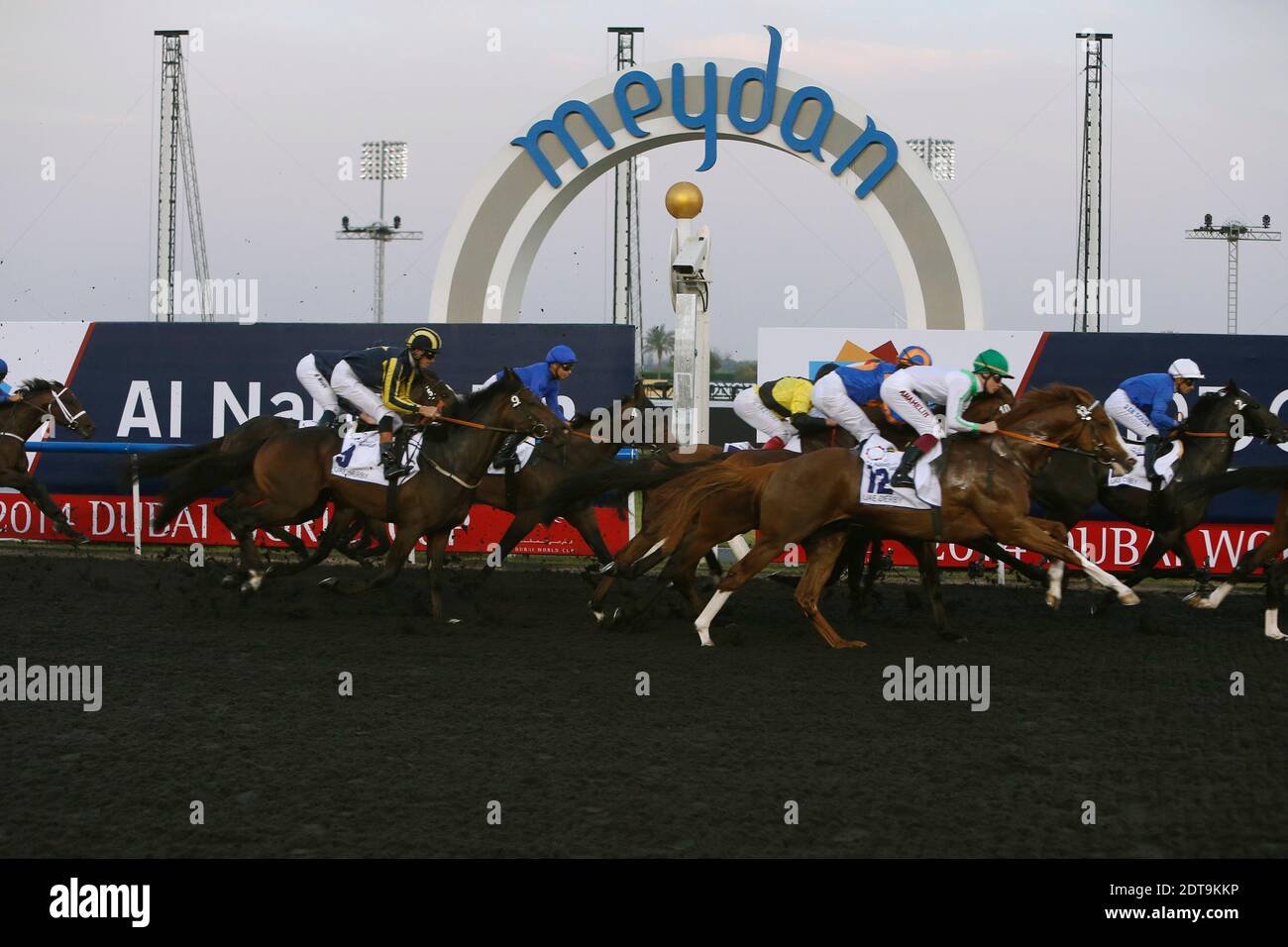 Jockeys compete in the Dubai Sheema Classic race held on Dubai World Cup day on March 29, 2013 at Meydan racecourse in Dubai, United Arab Emirates. A cosmopolitan gathering of horses from seven different countries contest the US$10 million Emirates Dubai World Cup at Meydan racecourse. Photo by Khaled Salem/ABACAPRESS.COM Stock Photo