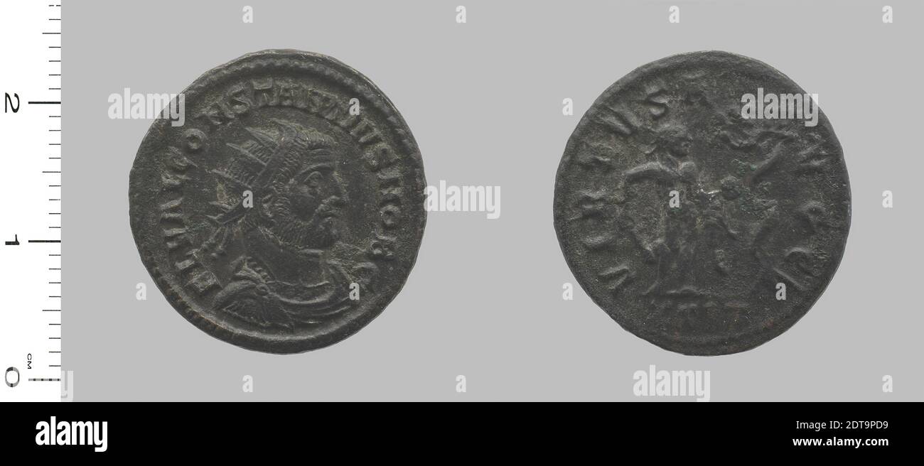Ruler: Maximian, Emperor of Rome, ca. 250–ca. 310, ruled 286–305, Mint: Ticinum, Honorand: Constantius I, Emperor of Rome, ca. 250–306, ruled 293–306, Antoninianus of Maximian from Ticinum, ca. 296, copper, 3.57 g, 6:00, 22. mm, Made in Ticinum, Italy, Roman, 3rd century A.D., Numismatics Stock Photo