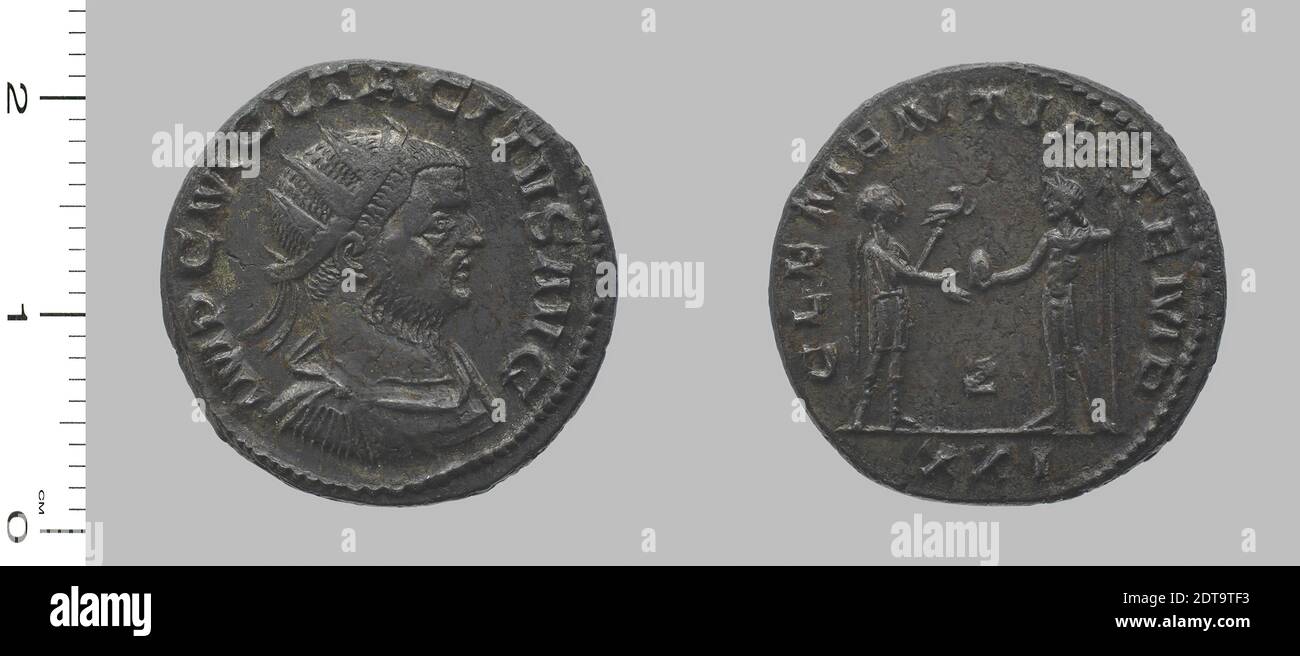 Ruler: Marcus Claudius Tacitus, Emperor of Rome, A.D. 200–276, ruled 275–76, Mint: Antioch, Antoninianus of Marcus Claudius Tacitus from Antioch, 275–67, Billon, 4.19 g, 5:00, 21 mm, Made in Antioch, Roman, 3rd century, Numismatics Stock Photo