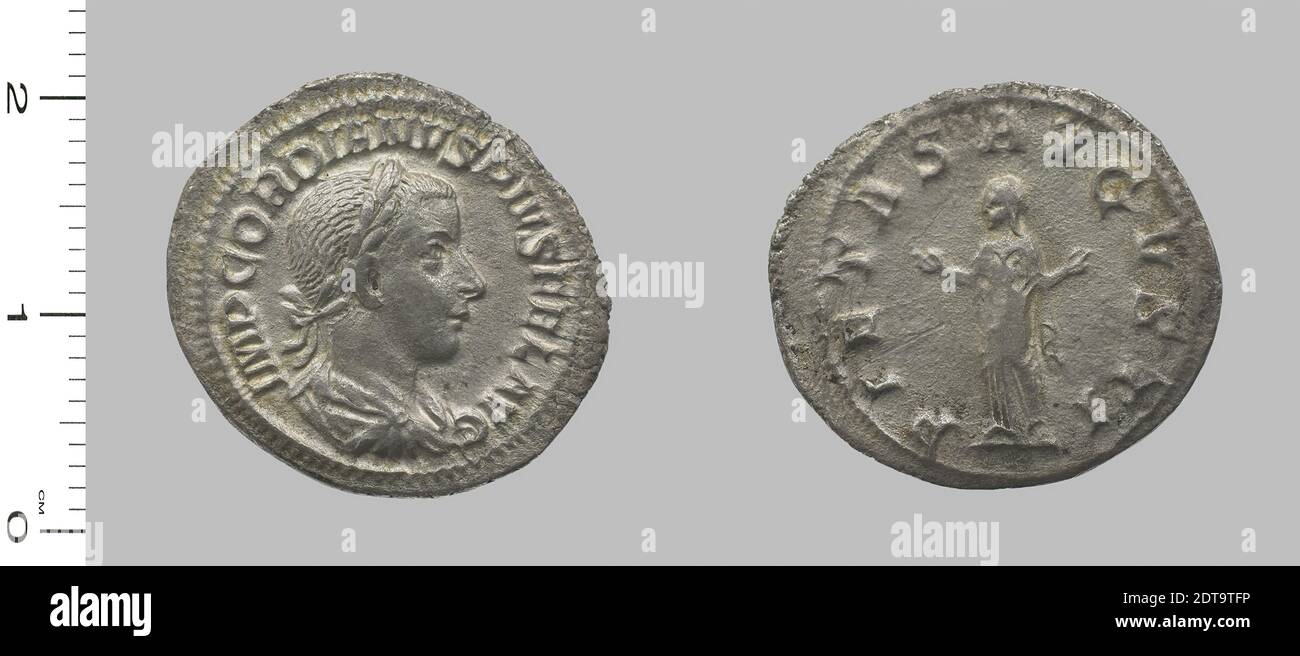 Artist: Gordian III, Emperor of Rome, 225–244, ruled 238–44, Denarius from Rome, Italy, 238–44, Silver, 2.00 g, 11:00, 21 mm, Made in Rome, Italy, Roman, 3rd century A.D., Numismatics Stock Photo