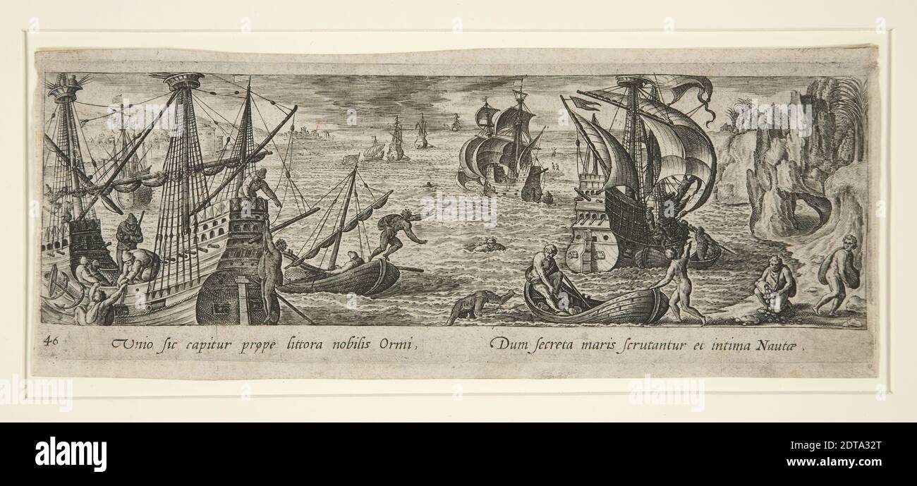 Ships along a Shore, Engraving, platemark: 7.8 × 22.2 cm (3 1/16 × 8 3/4 in.), Made in Flanders, Flemish, 16th century, Works on Paper - Prints Stock Photo