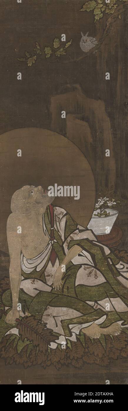Arhat with fan, and bonsai, looking at a white owl with long ears, late 18th–early 19th century, Hanging scroll, ink and color on silk, without mounting: 38 1/4 × 12 15/16 in. (97.2 × 32.9 cm), Japan, Japanese, Edo period (1615–1868), Paintings Stock Photo