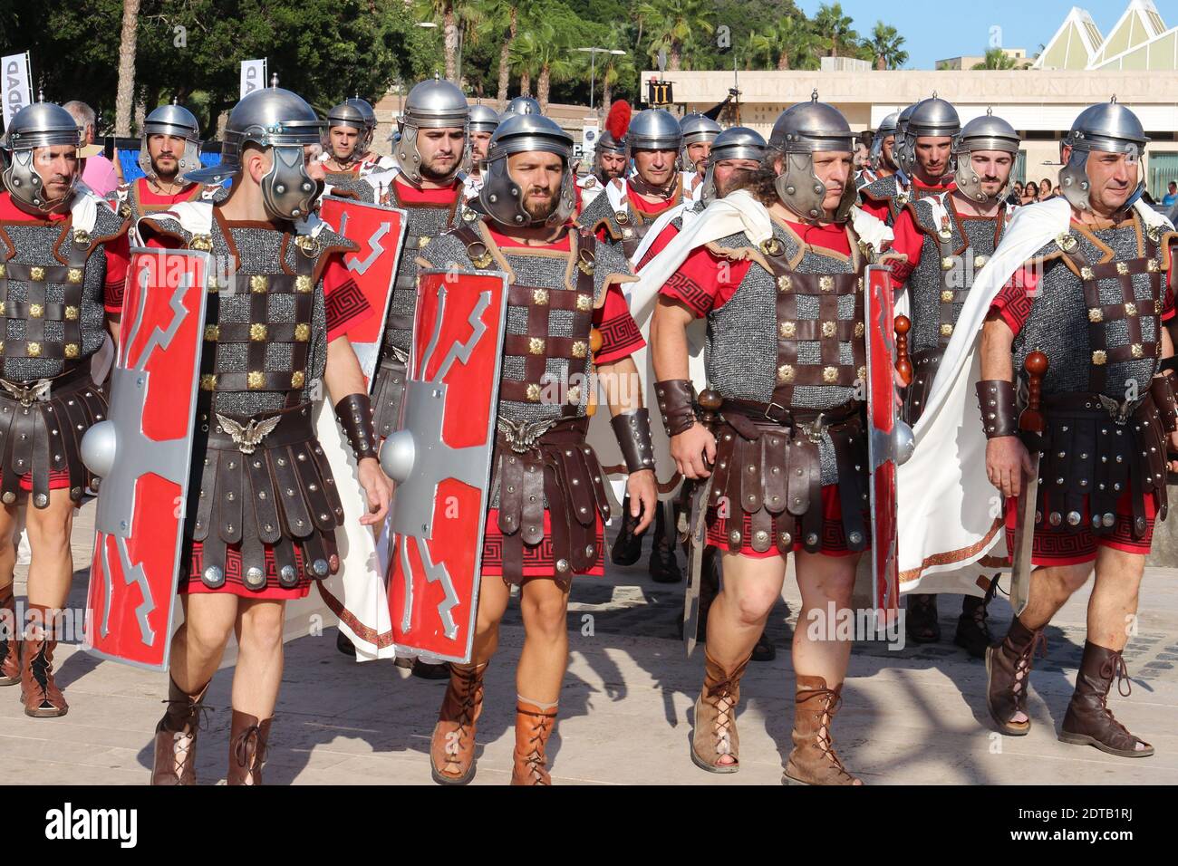An annual festival in Cartagena, Spain is the Cartaginians and Romans. Here a group of Roman soldiers set off for the battleground to face the enemy. Stock Photo
