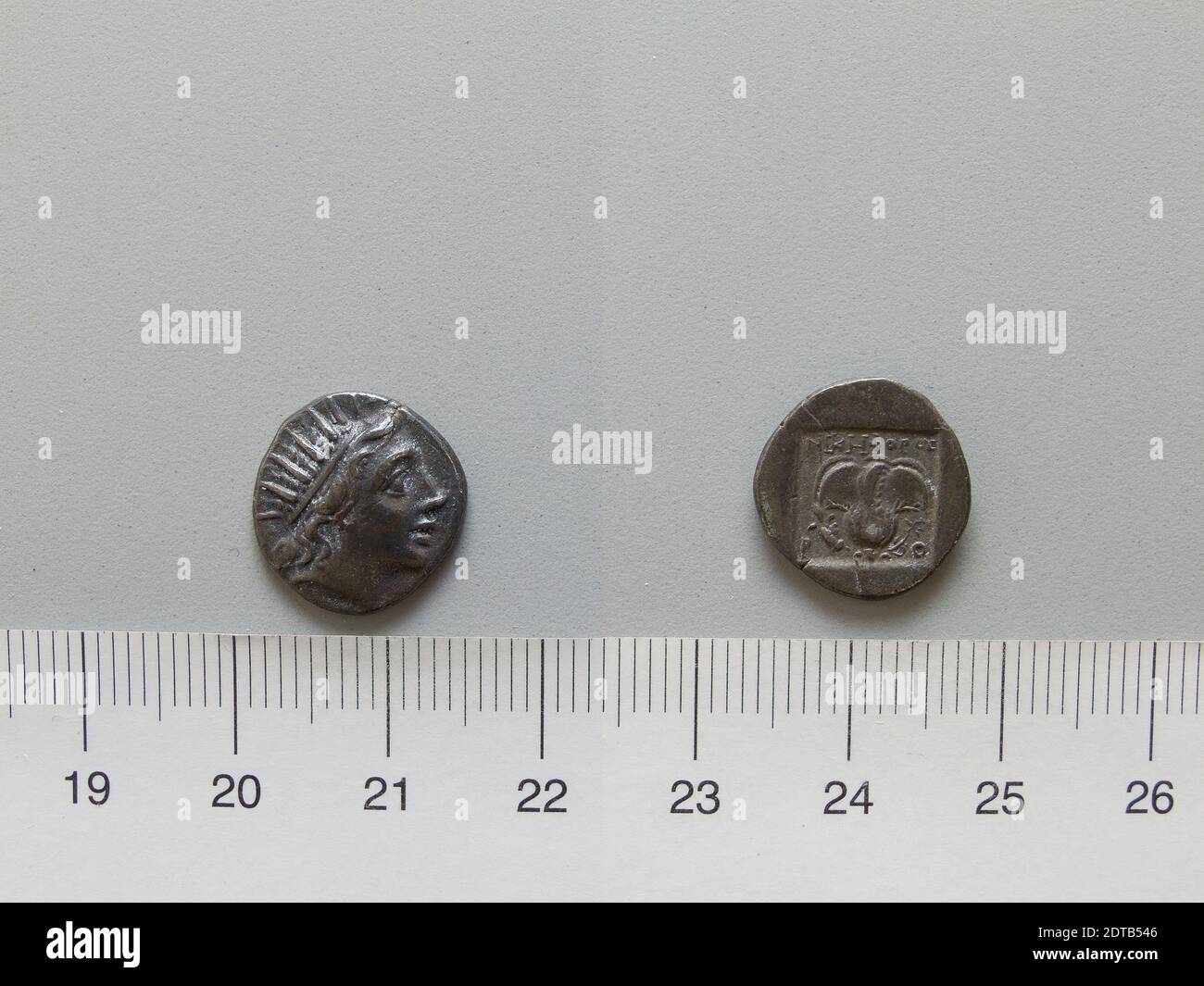 Mint: Rhodes, 1 Drachm from Rhodes, 166–86 B.C., Silver, 2.18 g, 1:00, 14.4 mm, Made in Rhodes, Caria, Greek, 2nd–1st century B.C., Numismatics Stock Photo
