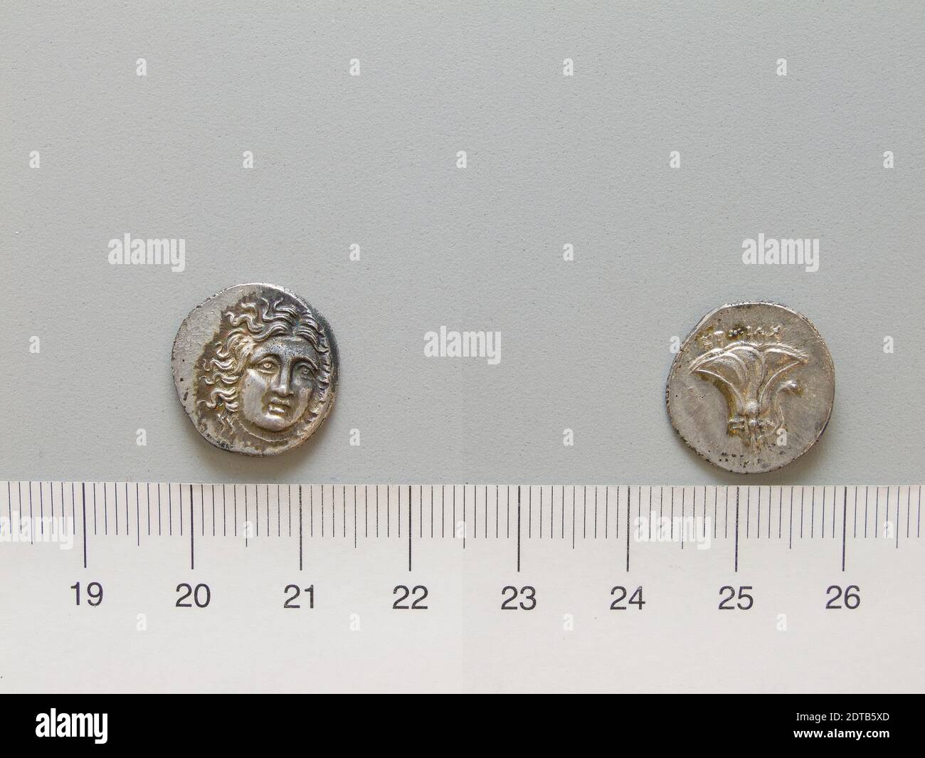 Ruler: Perseus, King of Macedonia, ca. 212–166 B.C., ruled 178–168 B.C.Mint: Rhodes, 1 Drachm of Perseus, King of Macedonia from Rhodes, 170–168 B.C. (?), Silver, 2.63 g, 12:00, 16 mm, Made in Rhodes, Greece, Greek, 2nd century B.C., Numismatics Stock Photo