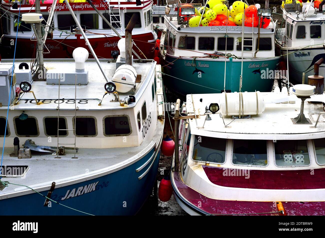 A close up section of lobster fishing boats docked at the wharf in Alma